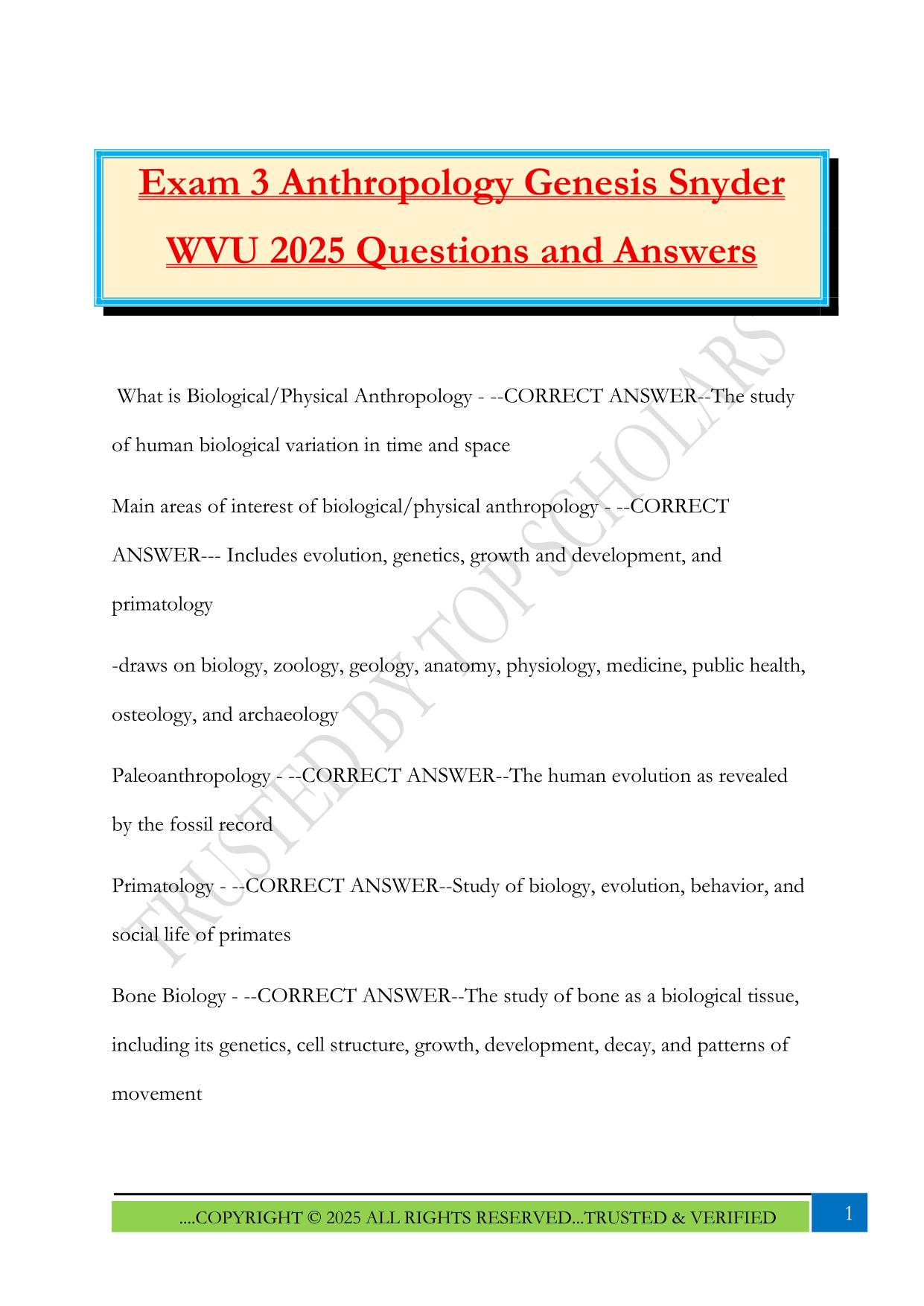 Exam 3 Anthropology Genesis Snyder WVU 2025 Questions and Answers