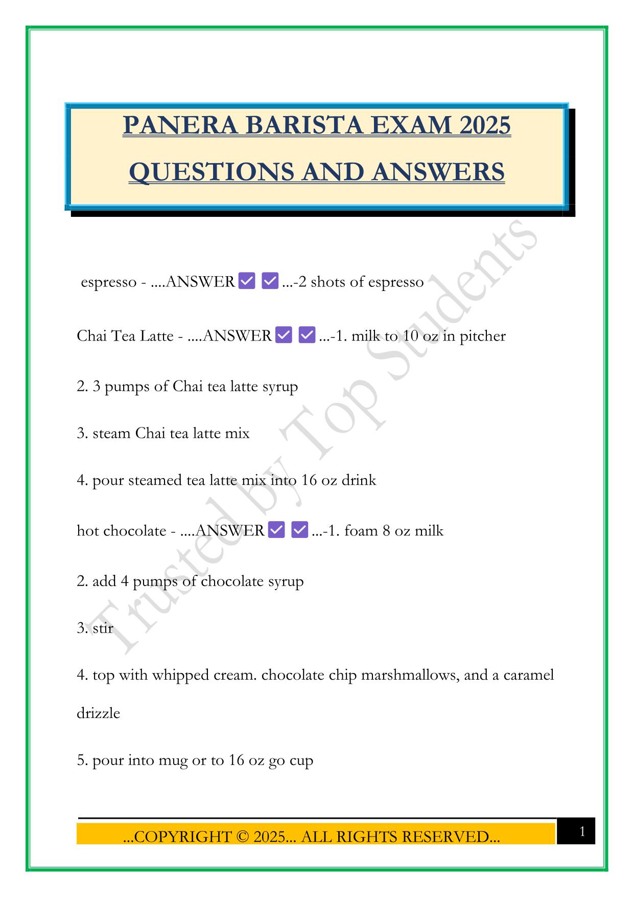 PANERA BARISTA EXAM 2025 QUESTIONS AND ANSWERS