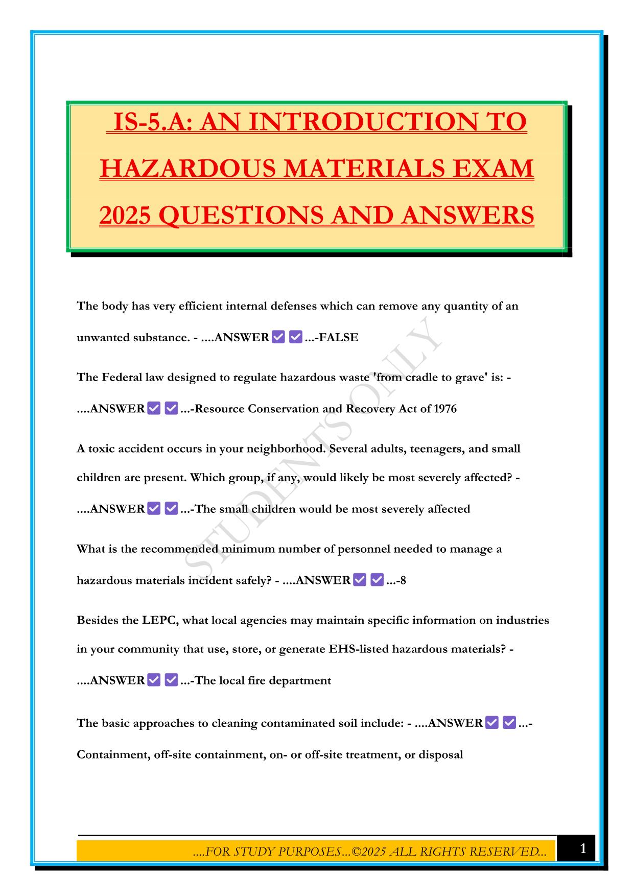 IS-5.A: AN INTRODUCTION TO HAZARDOUS MATERIALS EXAM 2025 QUESTIONS AND ANSWERS