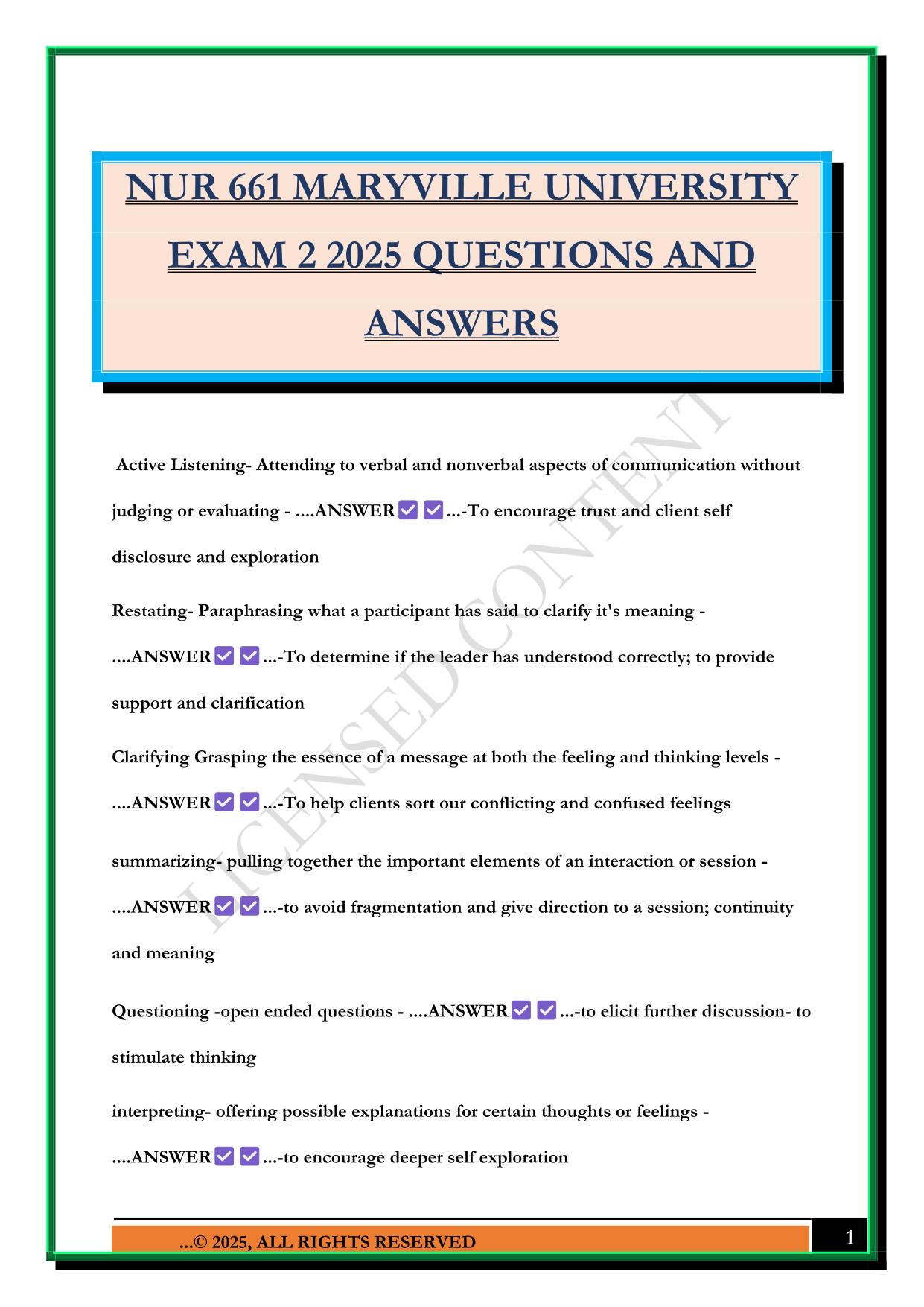 NUR 661 MARYVILLE UNIVERSITY EXAM 2 2025 QUESTIONS AND ANSWERS