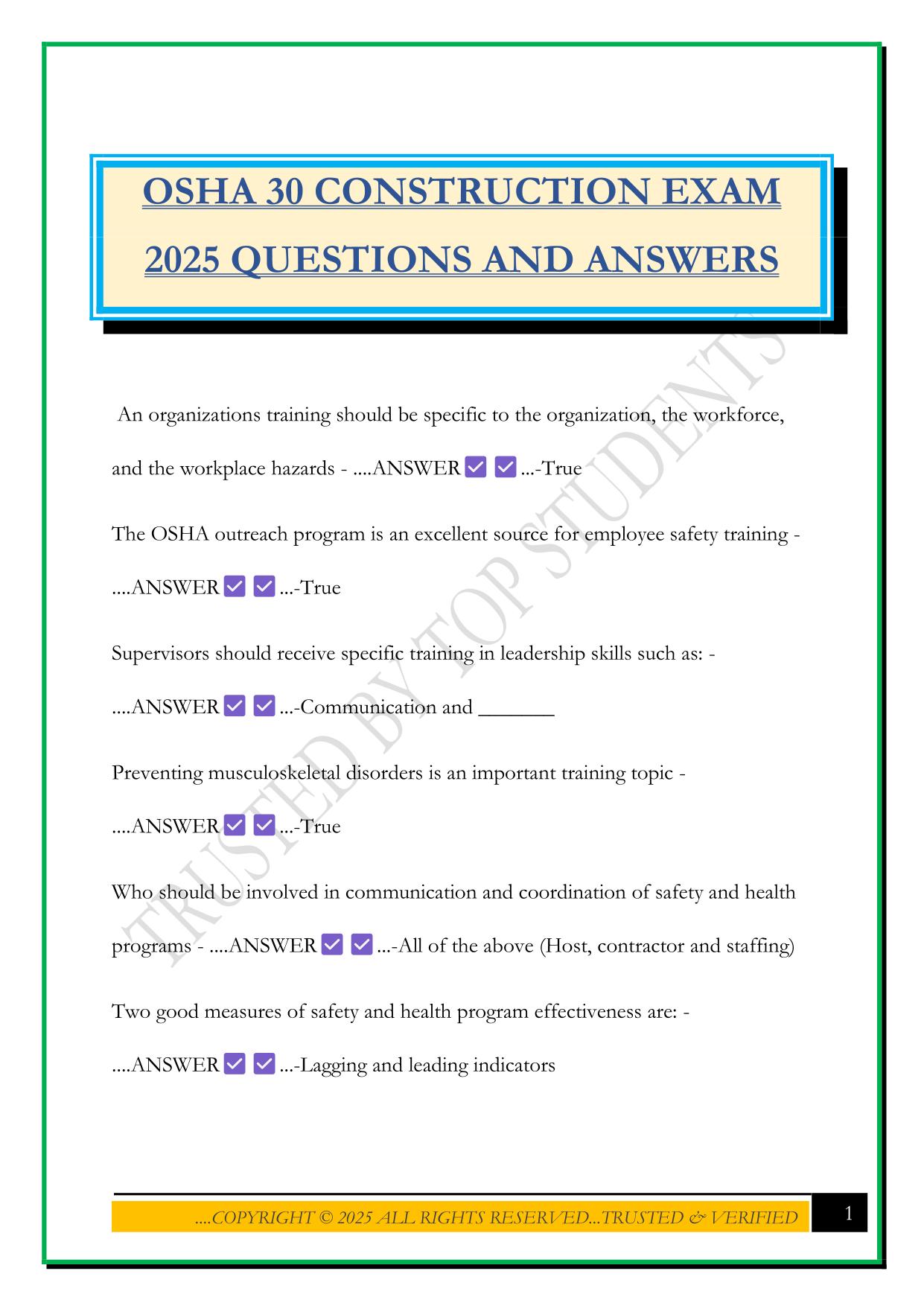 OSHA 30 CONSTRUCTION EXAM 2025 QUESTIONS AND ANSWERS