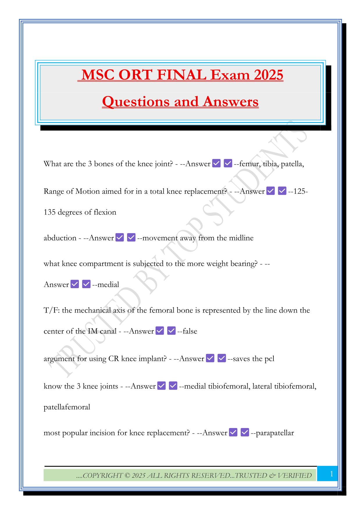 MSC ORT FINAL Exam 2025 Questions and Answers