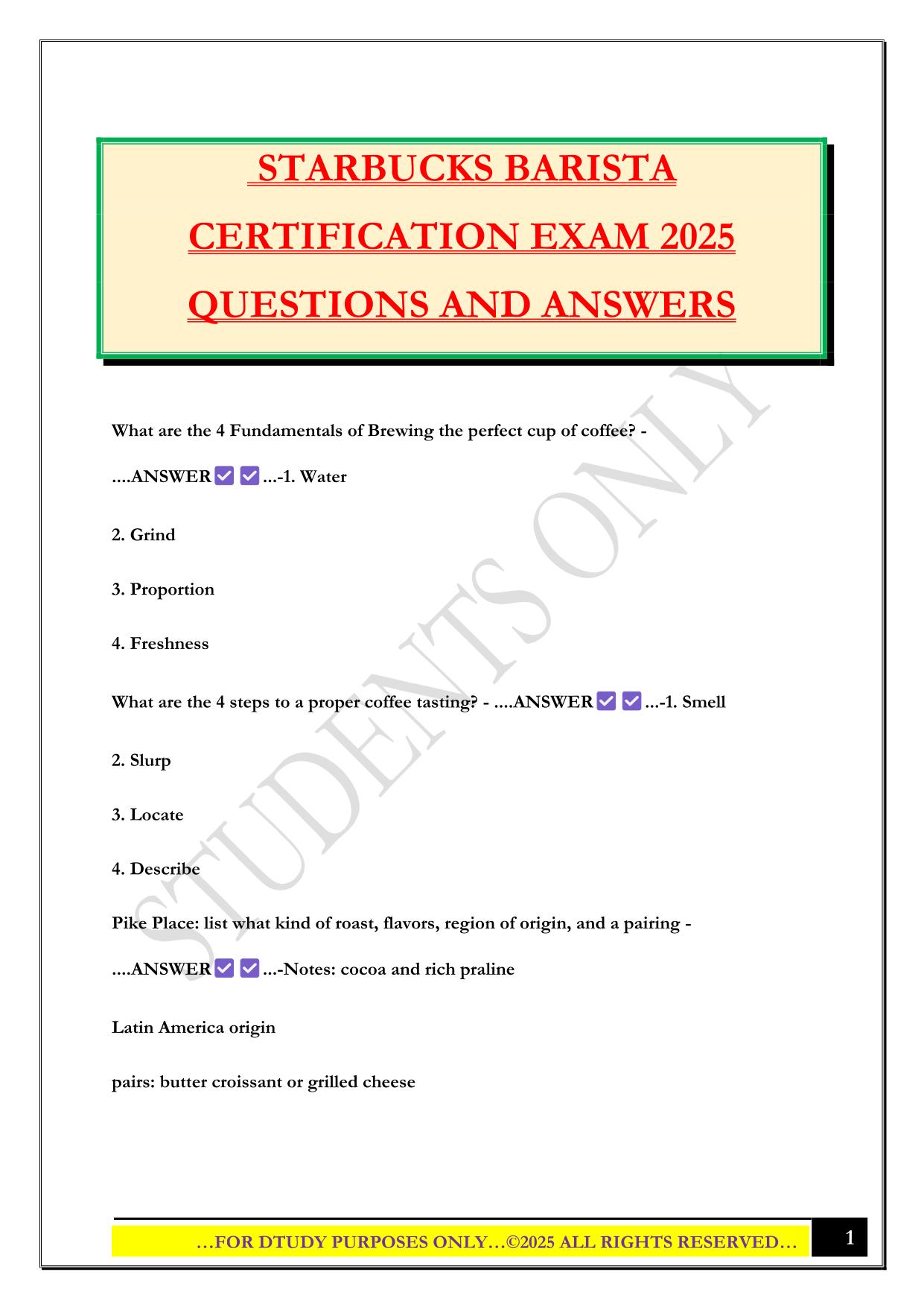 STARBUCKS BARISTA CERTIFICATION EXAM 2025 QUESTIONS AND ANSWERS