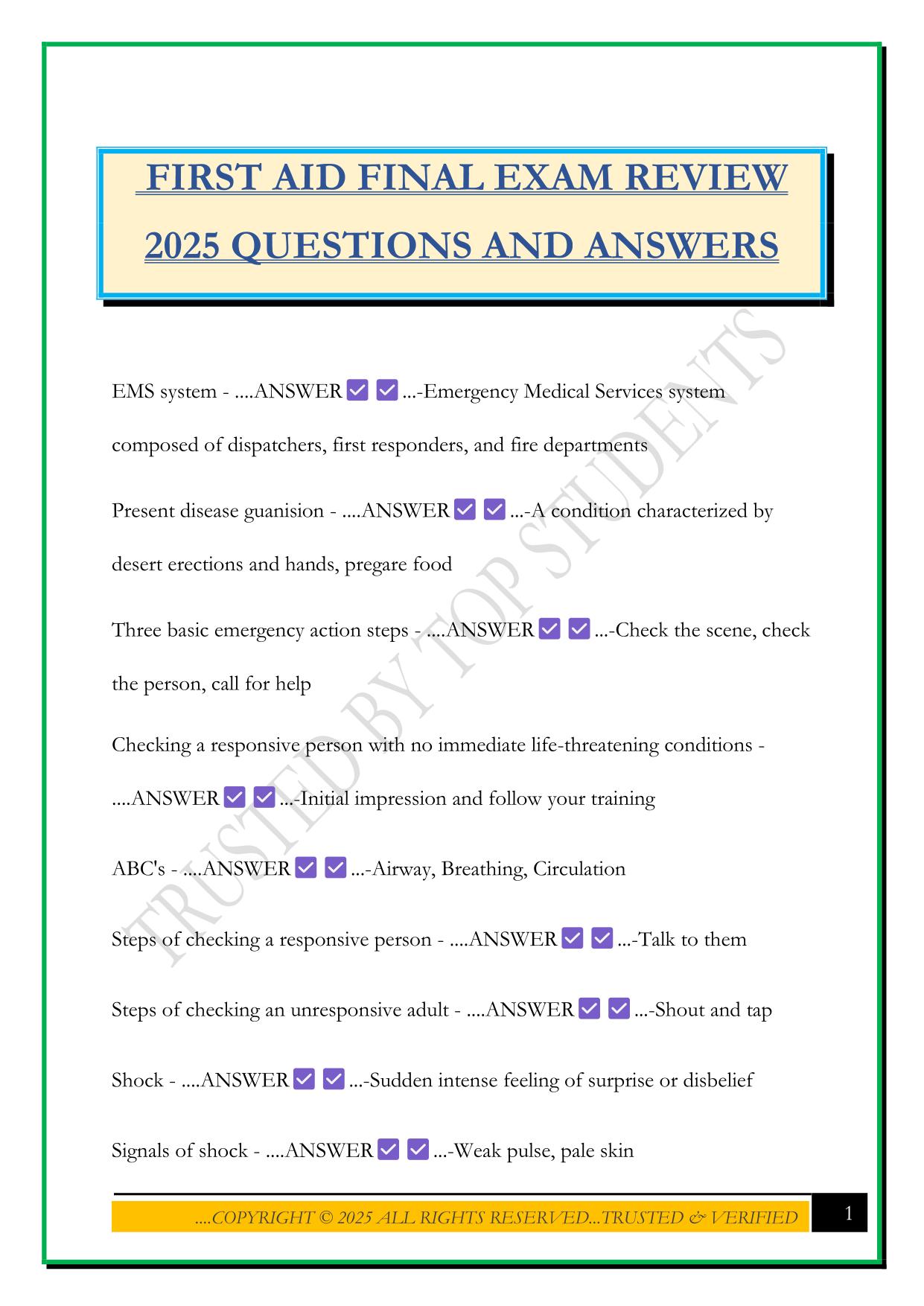 FIRST AID FINAL EXAM REVIEW 2025 QUESTIONS AND ANSWERS
