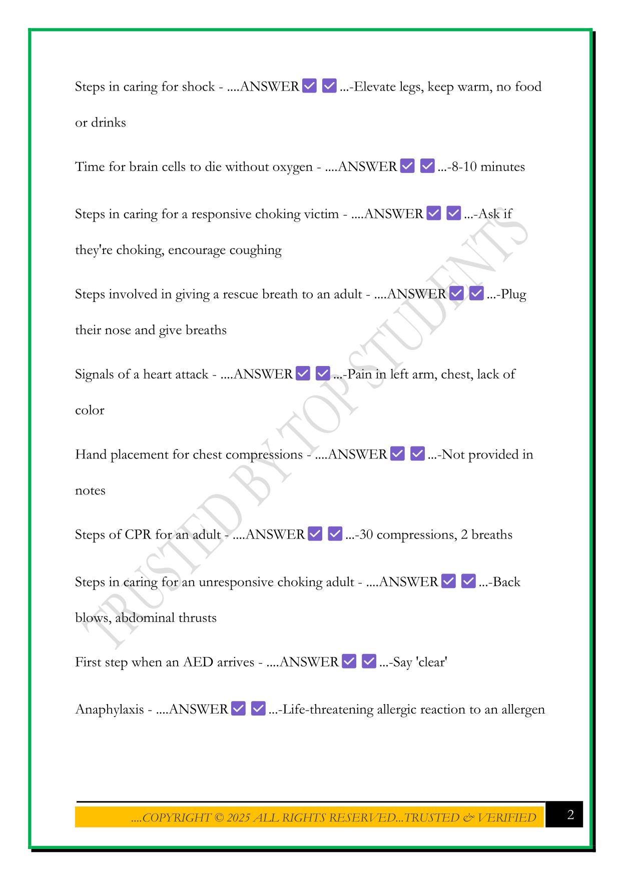 FIRST AID FINAL EXAM REVIEW 2025 QUESTIONS AND ANSWERS