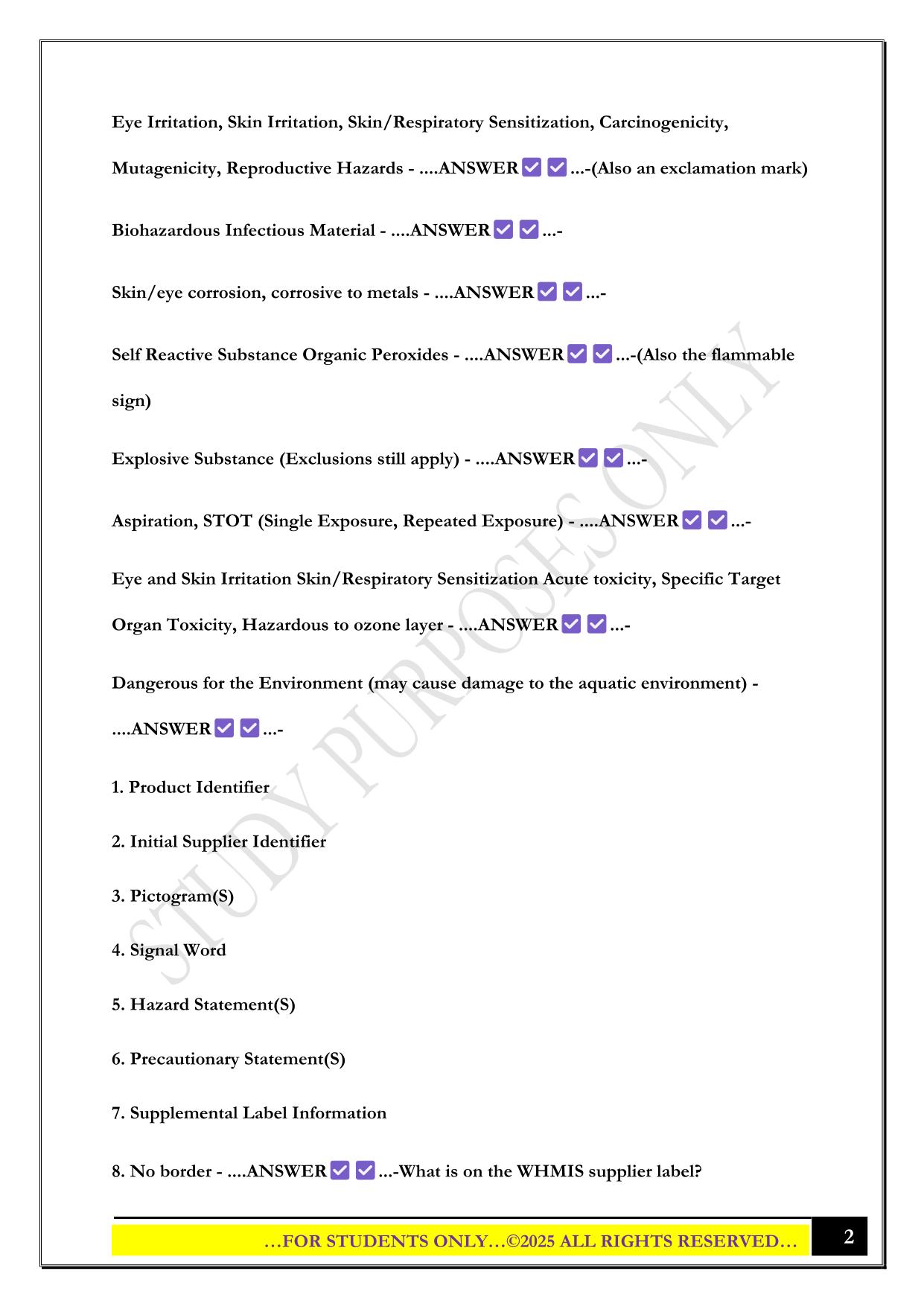WHMIS Quiz 2025 Questions and Answers