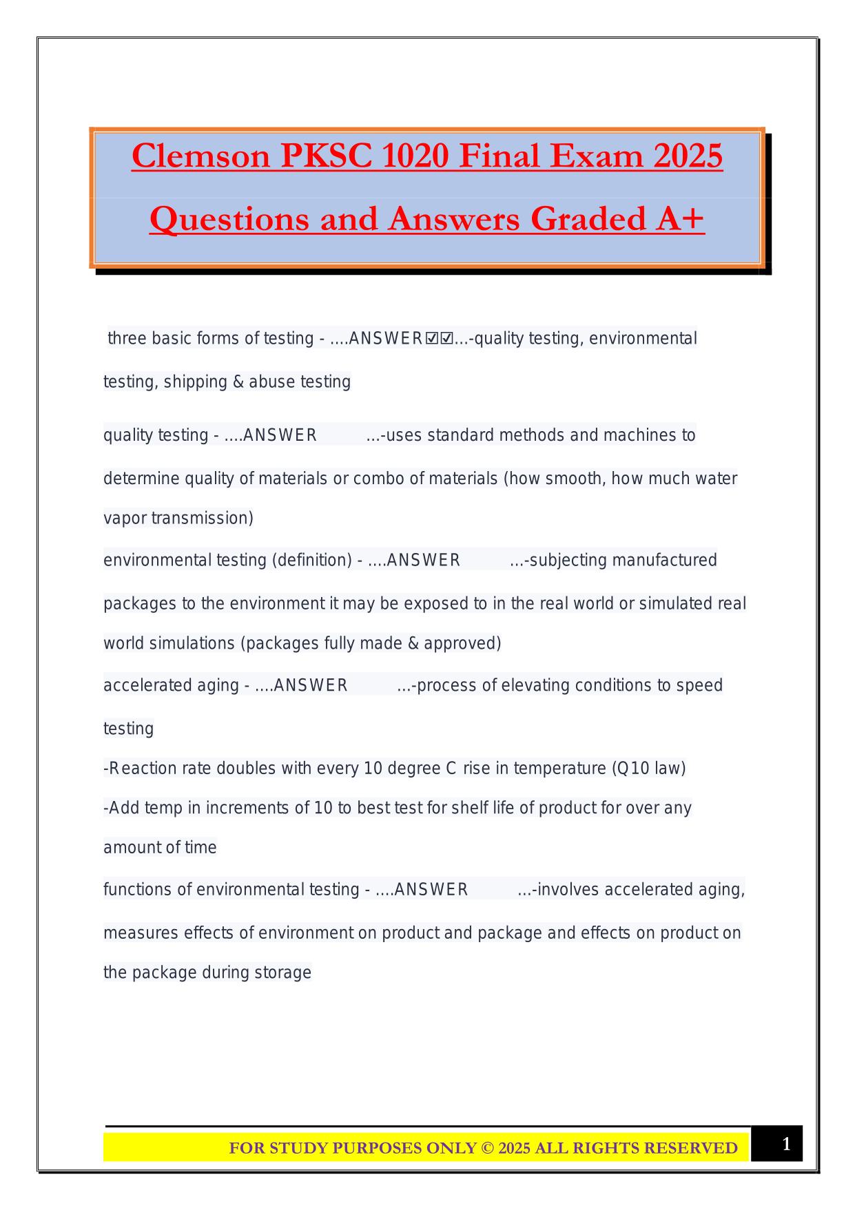 Clemson PKSC 1020 Final Exam 2025 Questions and Answers Graded A+