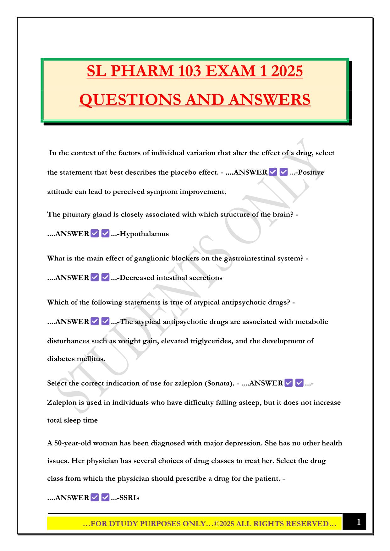 SL PHARM 103 EXAM 1 2025 QUESTIONS AND ANSWERS