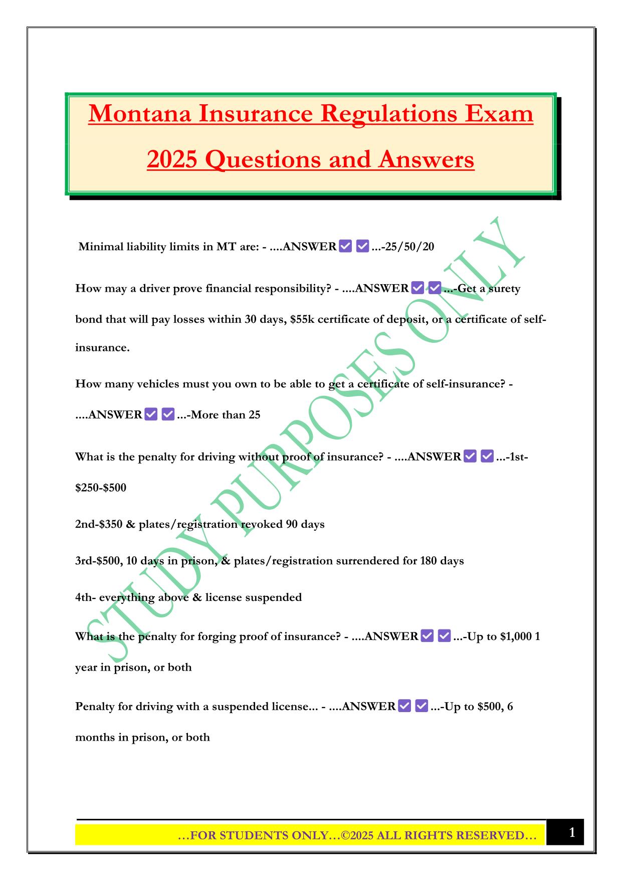 Montana Insurance Regulations Exam 2025 Questions and Answers