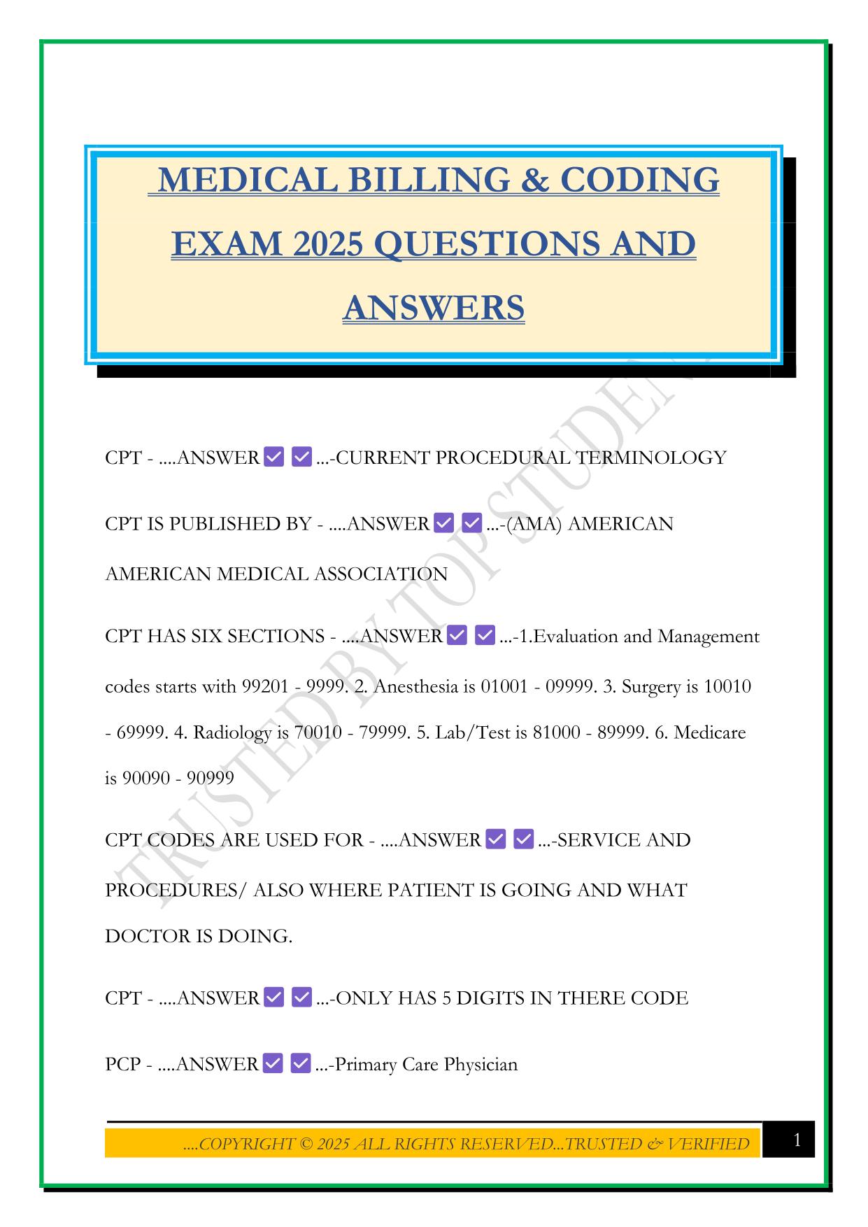 MEDICAL BILLING & CODING EXAM 2025 QUESTIONS AND ANSWERS
