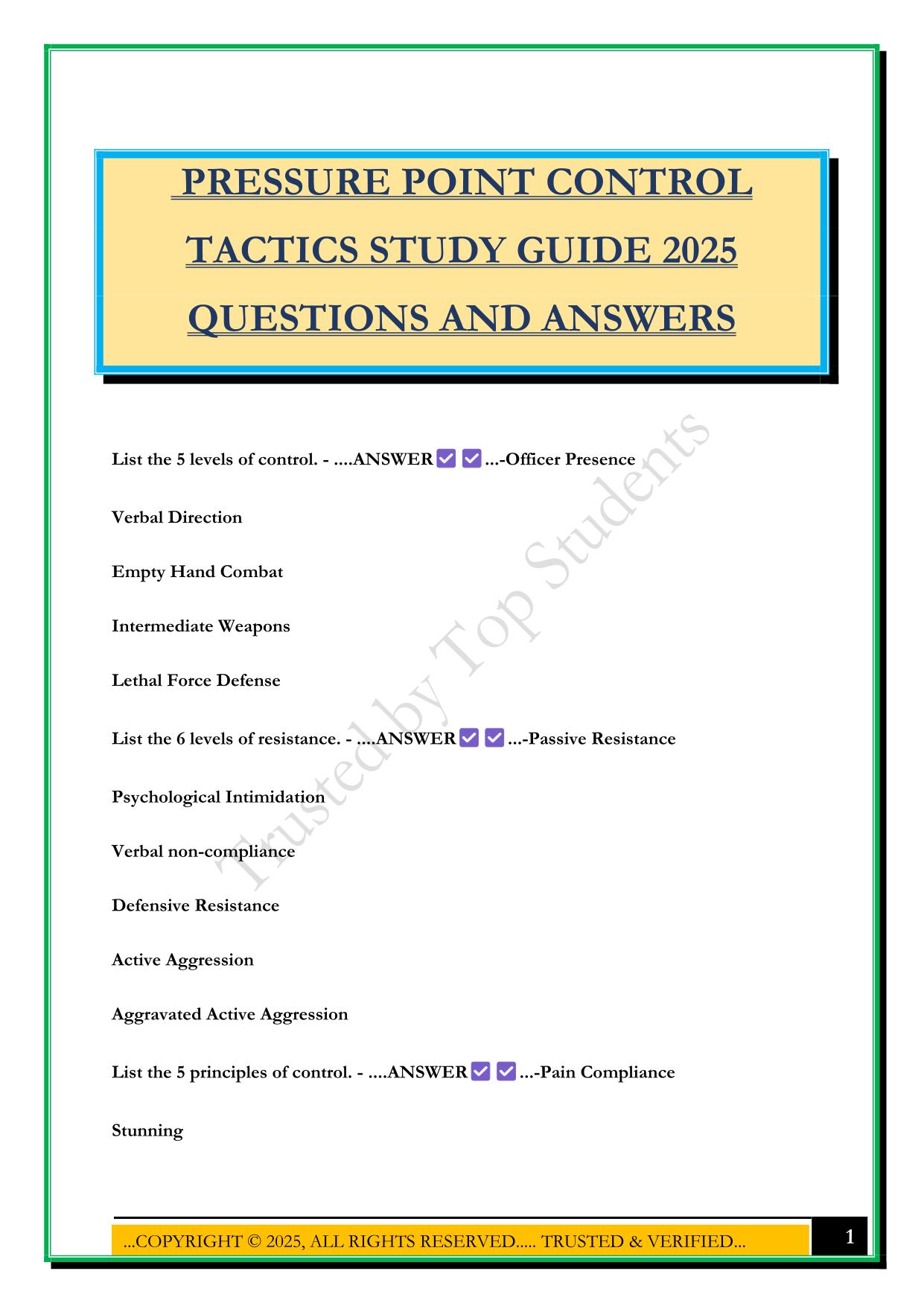 PRESSURE POINT CONTROL TACTICS STUDY GUIDE 2025 QUESTIONS AND ANSWERS