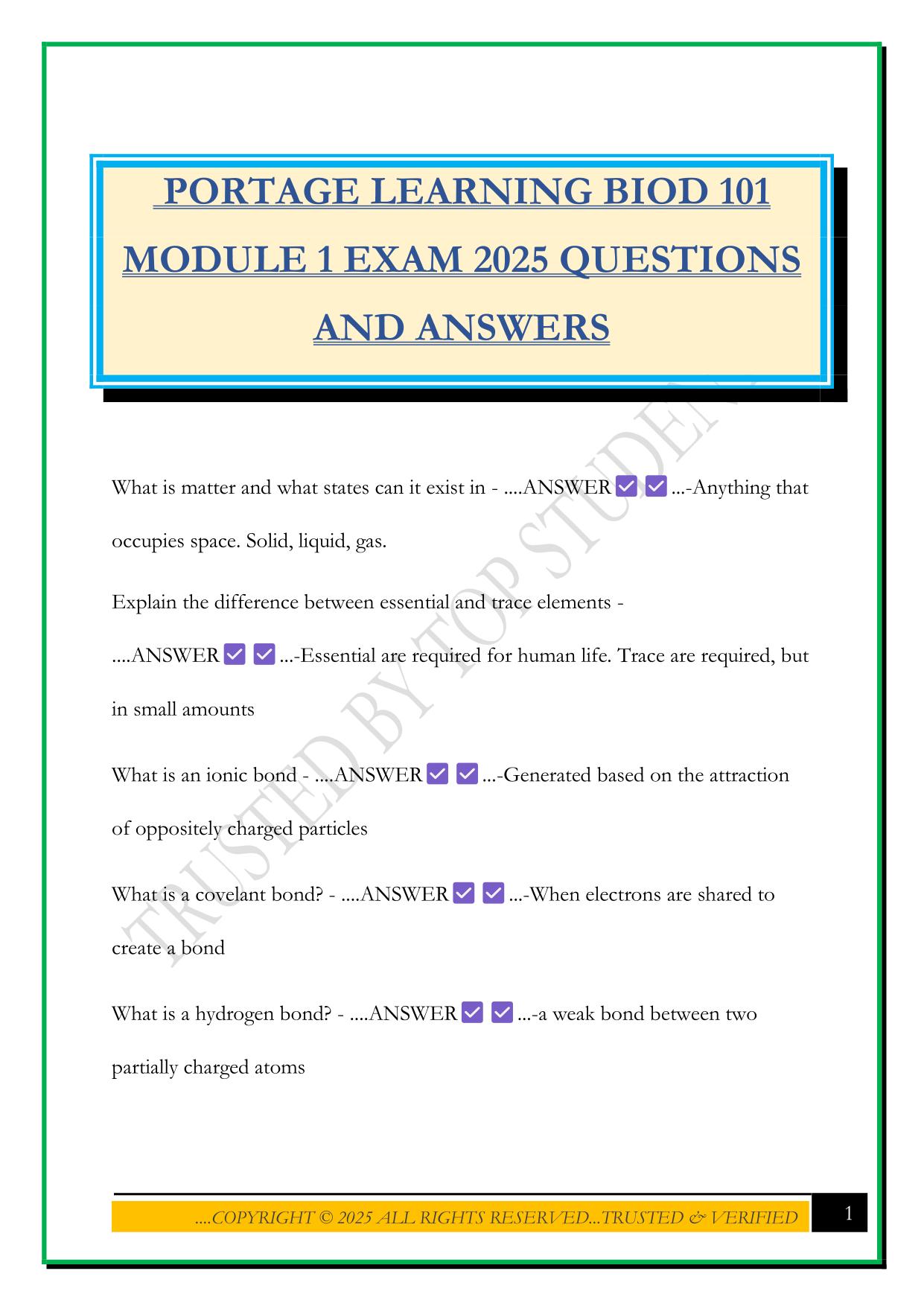 PORTAGE LEARNING BIOD 101 MODULE 1 EXAM 2025 QUESTIONS AND ANSWERS