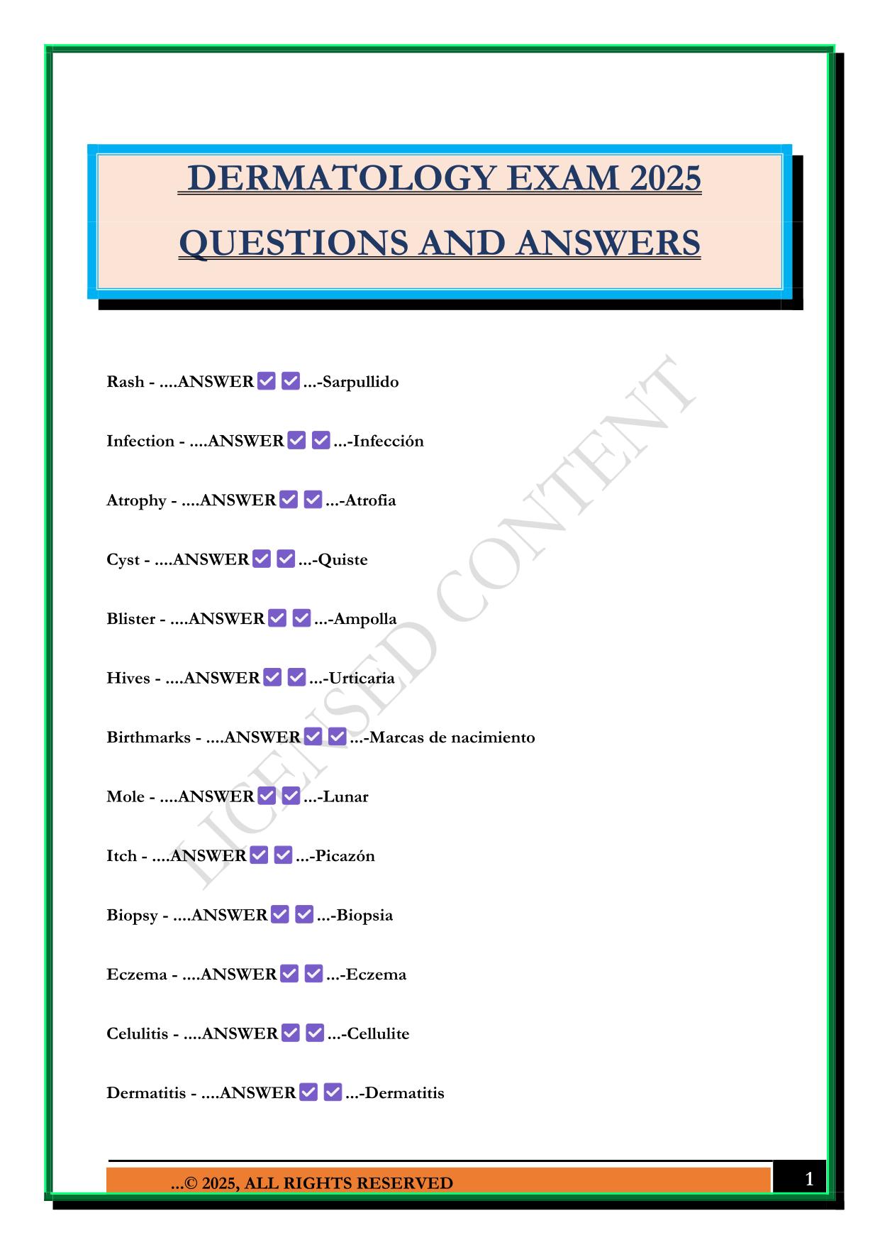 DERMATOLOGY EXAM 2025 QUESTIONS AND ANSWERS