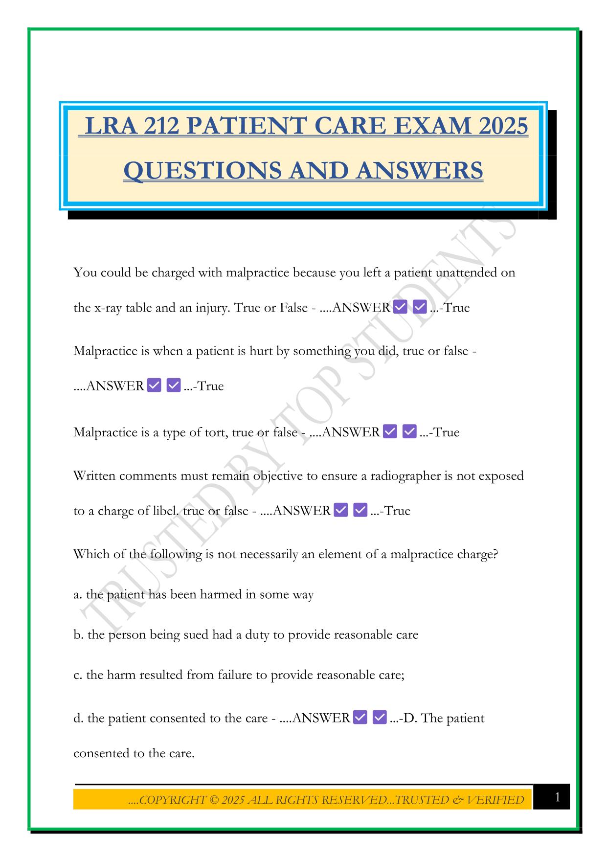 LRA 212 PATIENT CARE EXAM 2025 QUESTIONS AND ANSWERS
