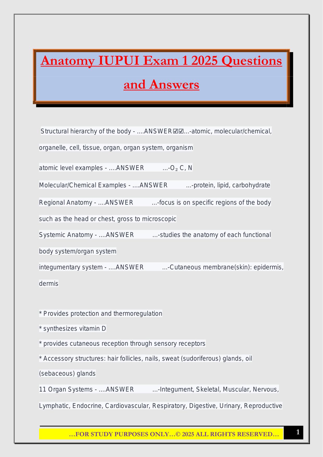 Anatomy IUPUI Exam 1 2025 Questions and Answers