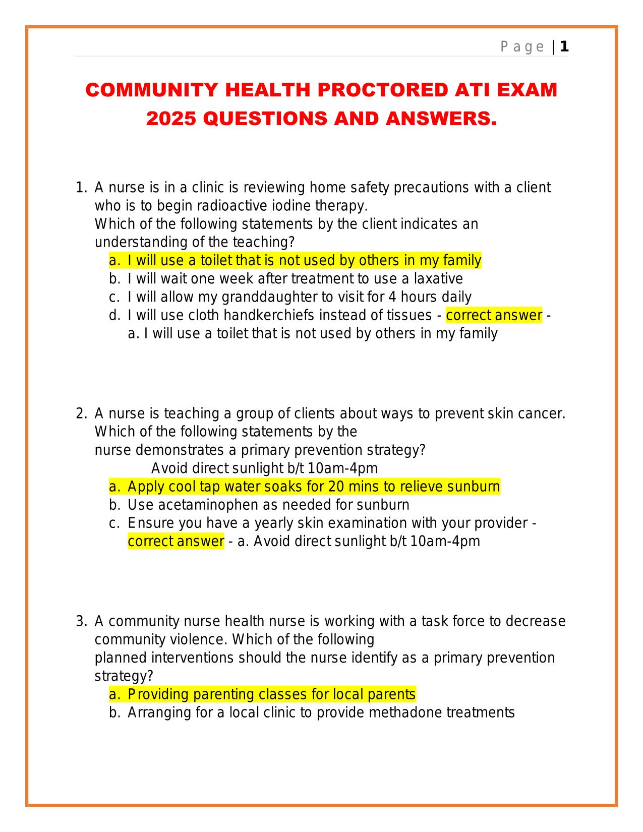 COMMUNITY HEALTH PROCTORED ATI EXAM 2025 QUESTIONS AND ANSWERS.