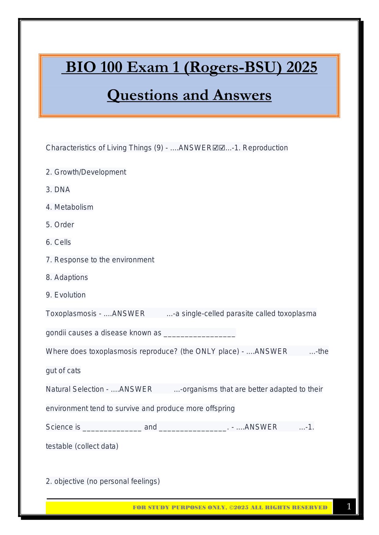 BIO 100 Exam 1 (Rogers-BSU) 2025 Questions and Answers