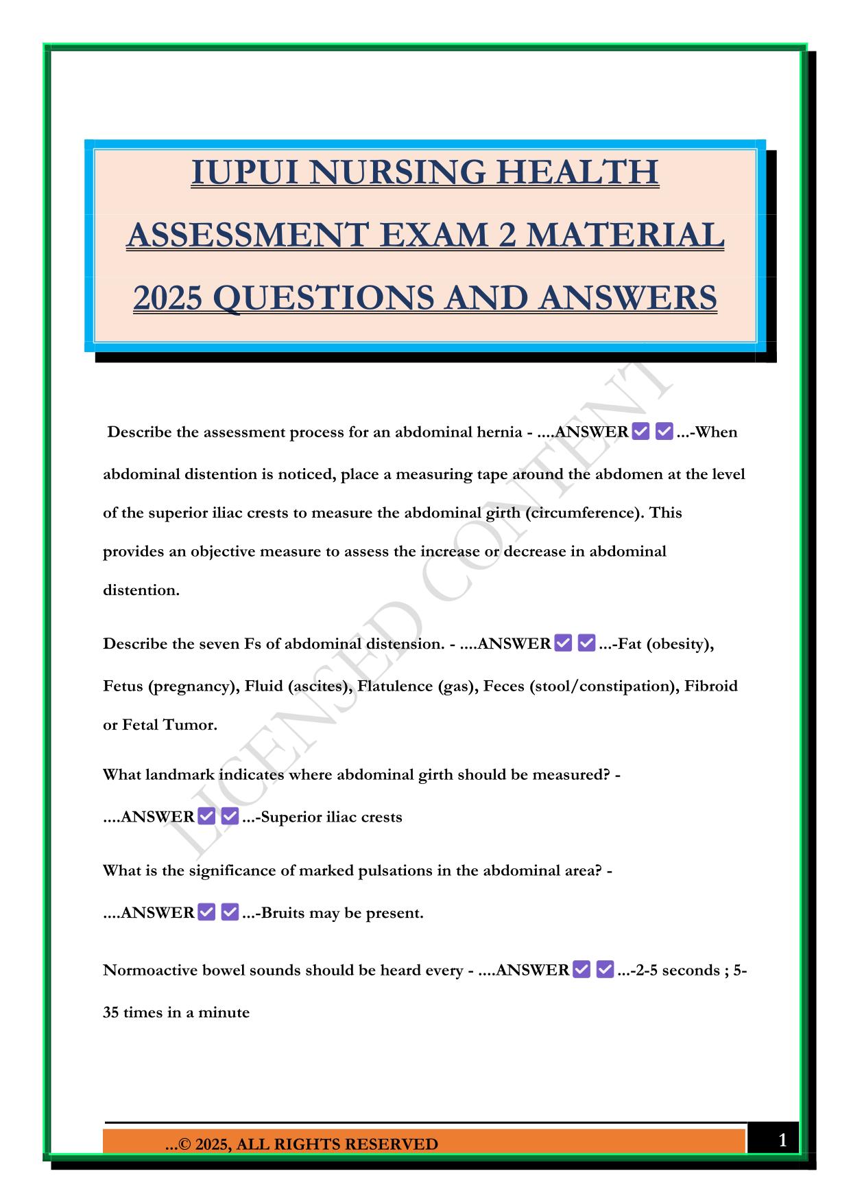 IUPUI NURSING HEALTH ASSESSMENT EXAM 2 MATERIAL 2025 QUESTIONS AND ANSWERS