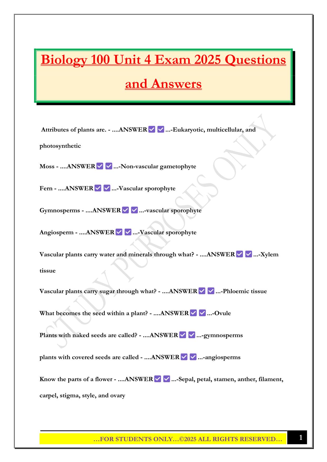 Biology 100 Unit 4 Exam 2025 Questions and Answers