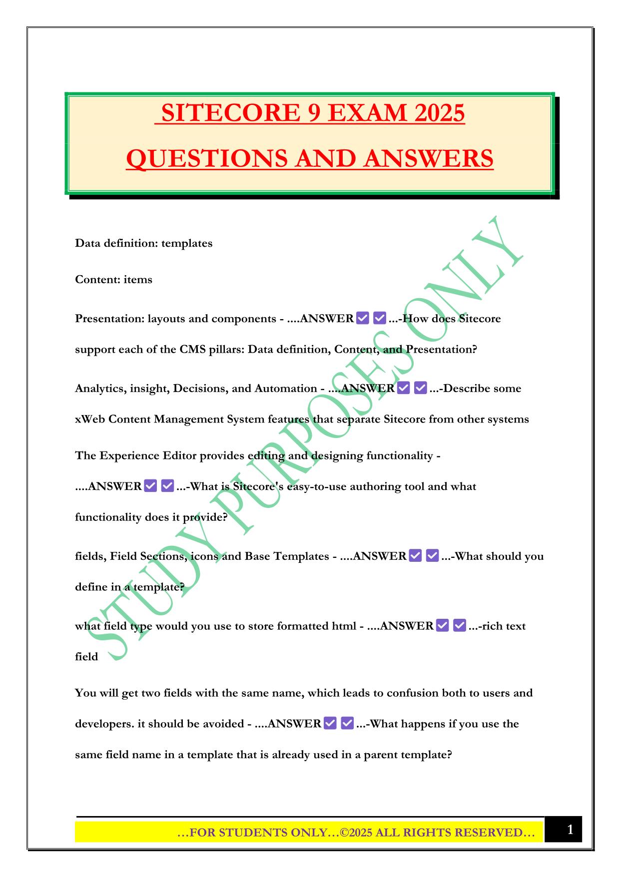SITECORE 9 EXAM 2025 QUESTIONS AND ANSWERS