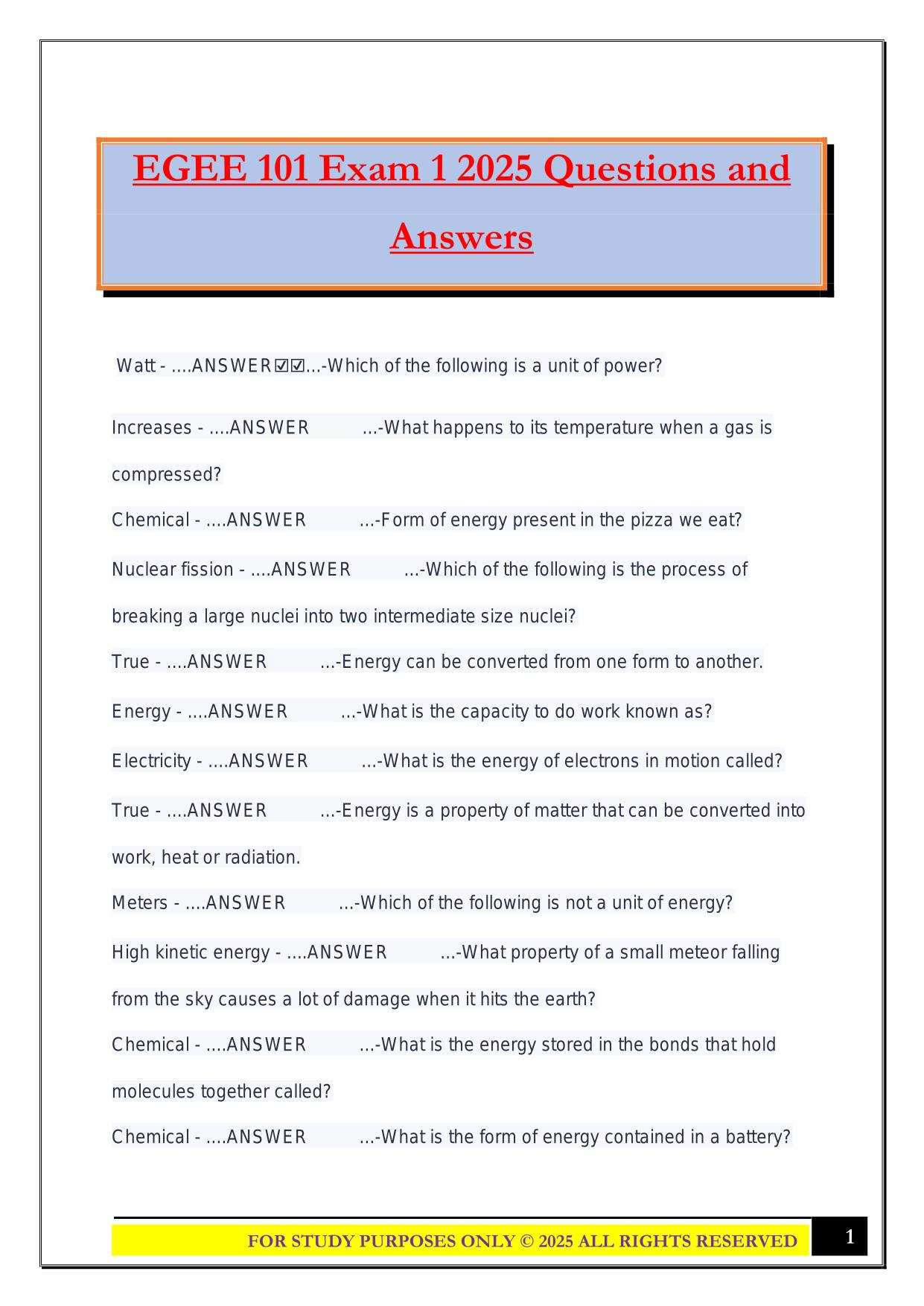 EGEE 101 Exam 1 2025 Questions and Answers
