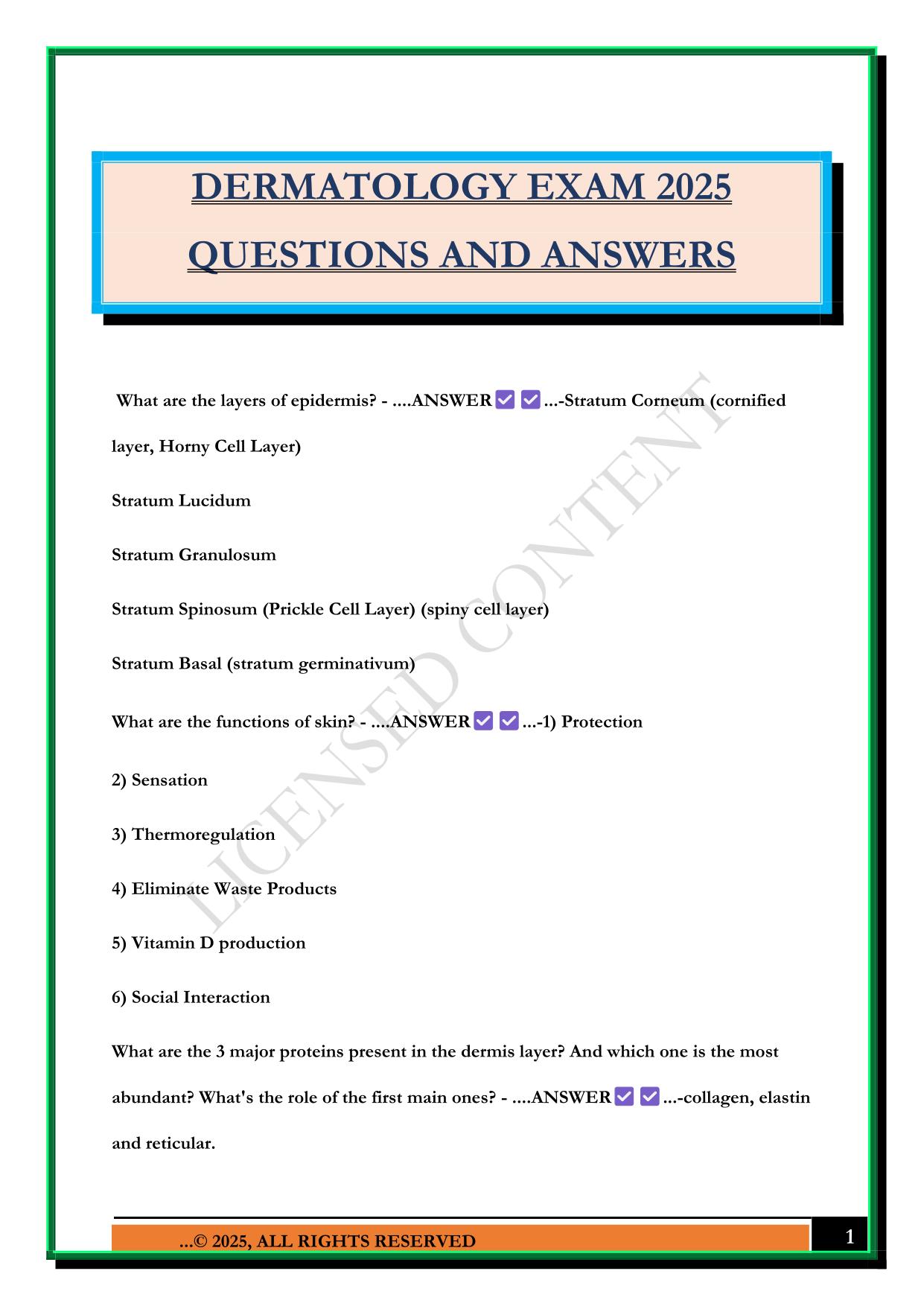 DERMATOLOGY EXAM 2025 QUESTIONS AND ANSWERS