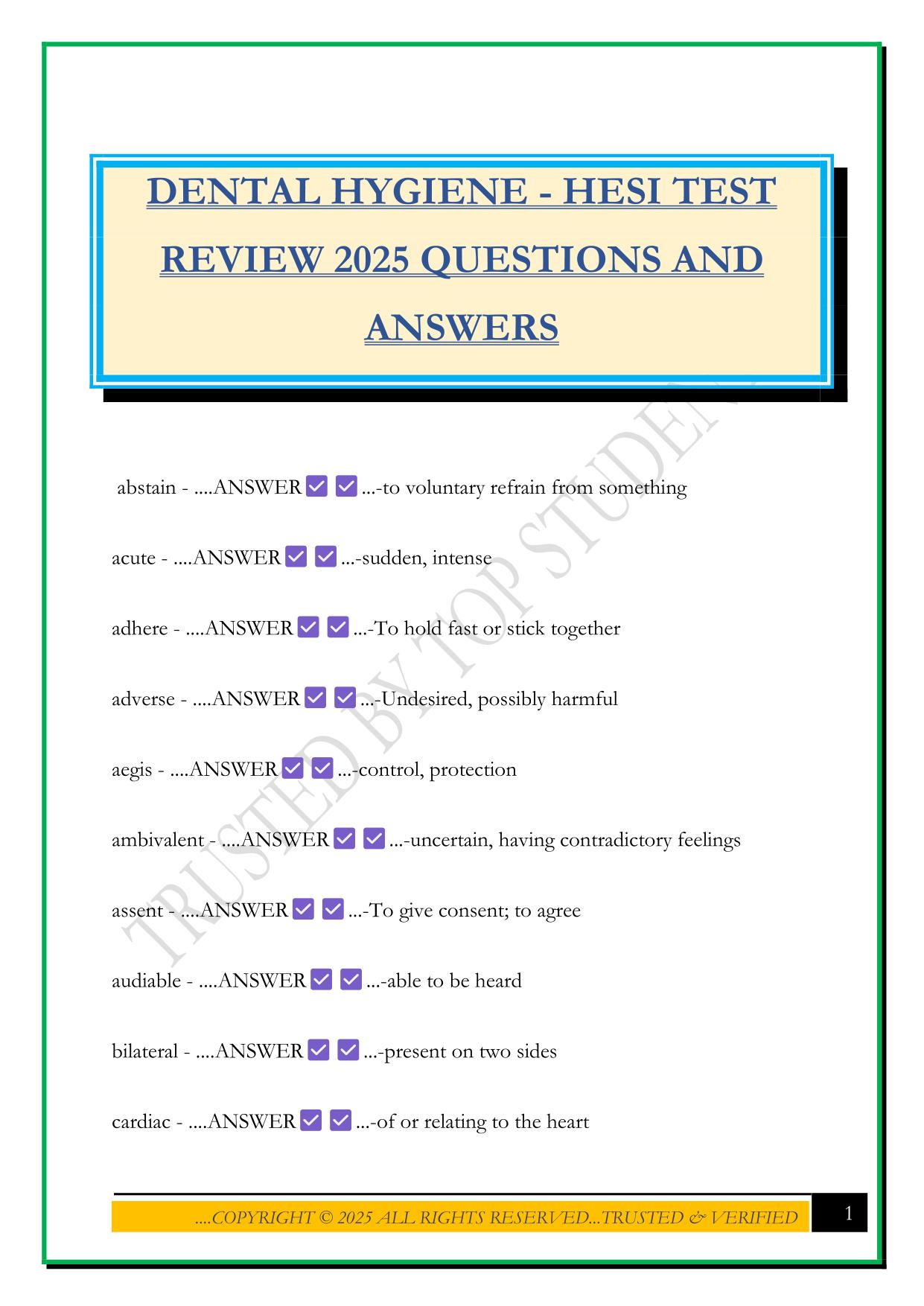 DENTAL HYGIENE - HESI TEST REVIEW 2025 QUESTIONS AND ANSWERS