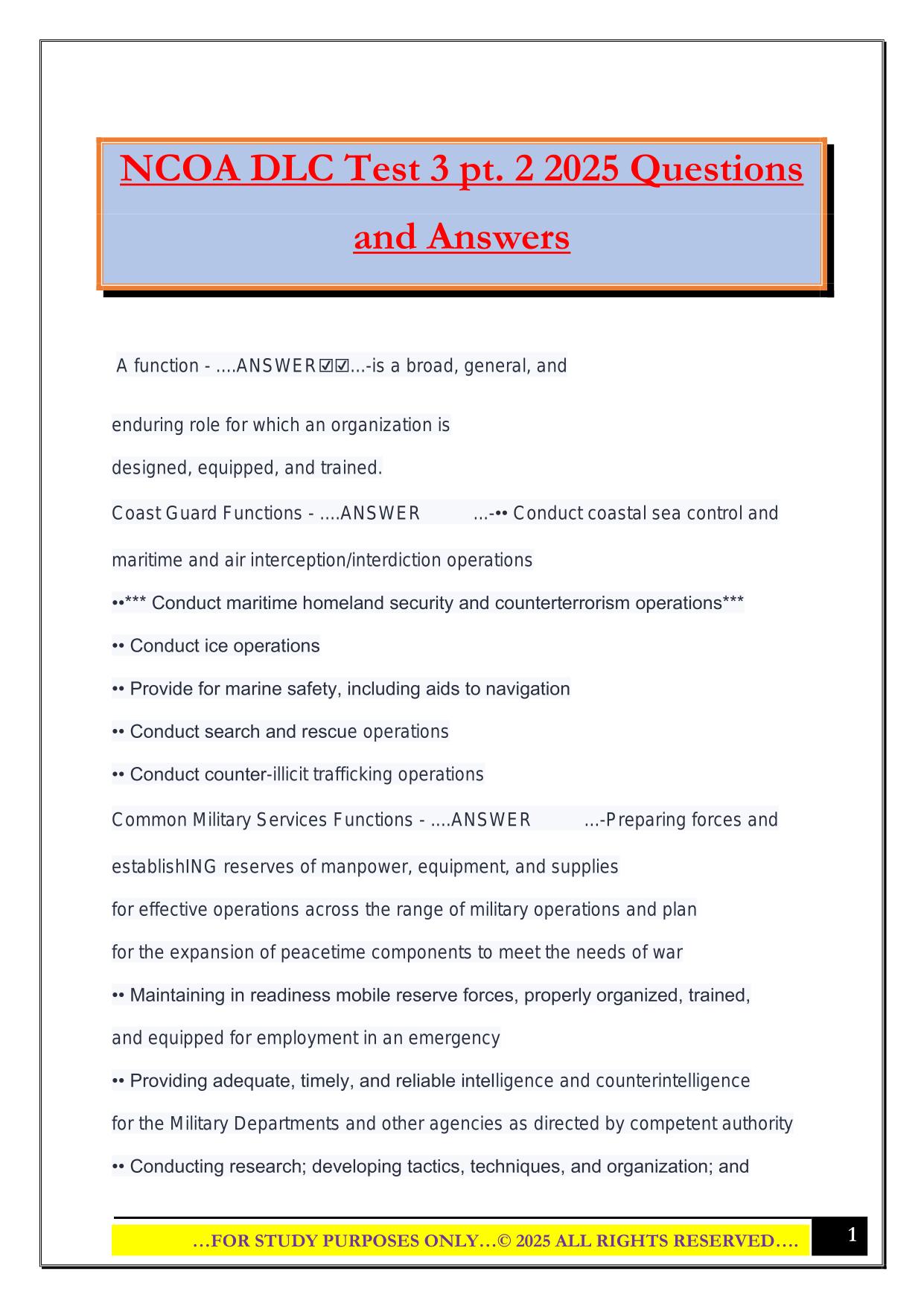 NCOA DLC Test 3 pt. 2 2025 Questions and Answers