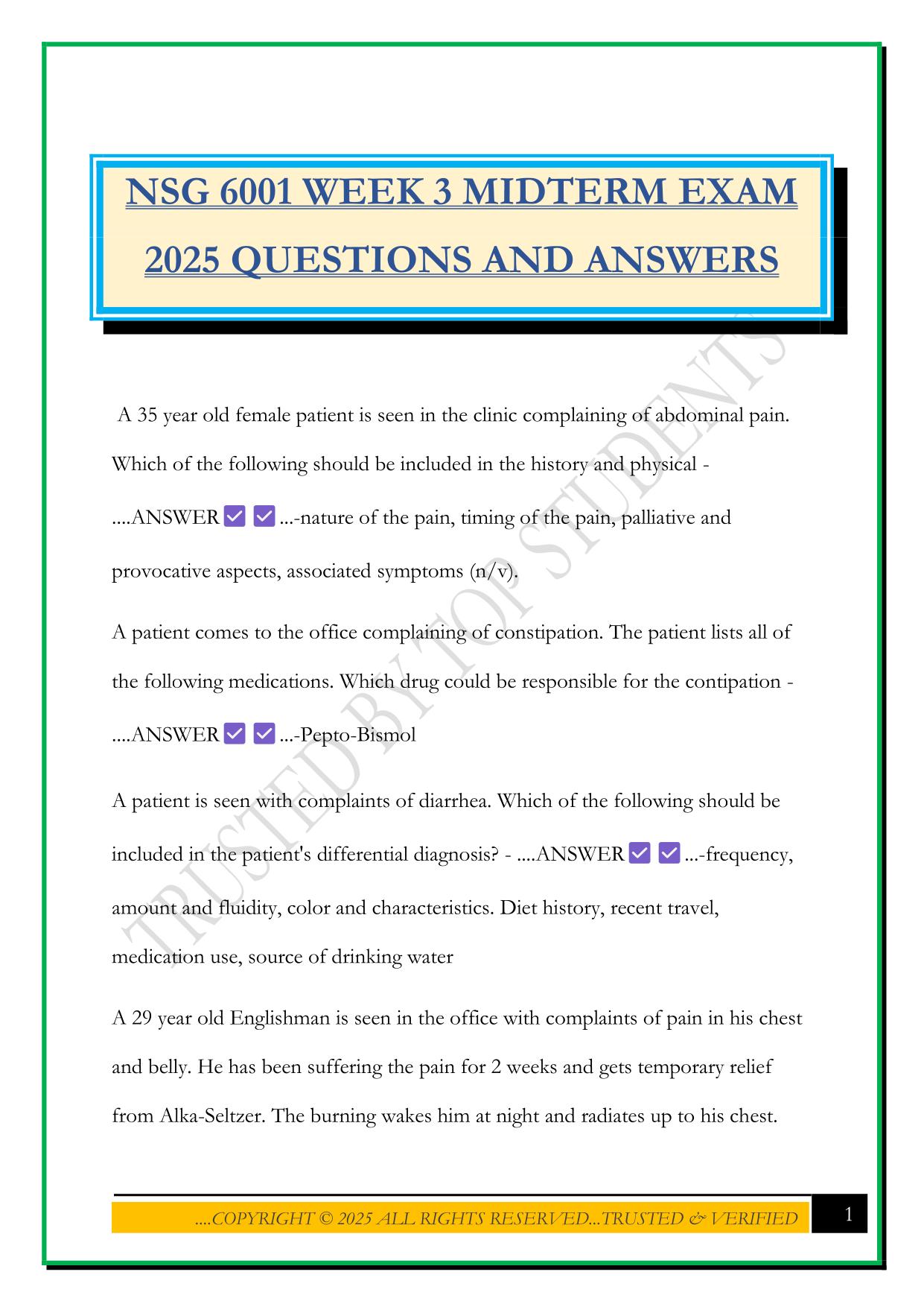 NSG 6001 WEEK 3 MIDTERM EXAM 2025 QUESTIONS AND ANSWERS