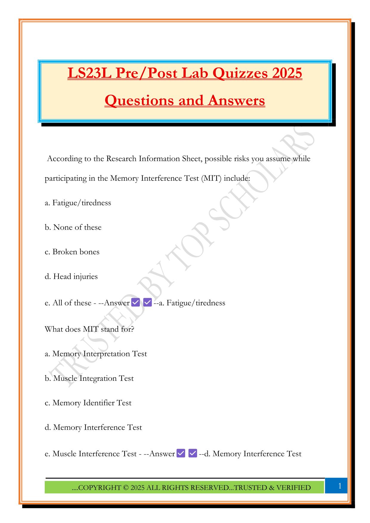 LS23L Pre/Post Lab Quizzes 2025 Questions and Answers