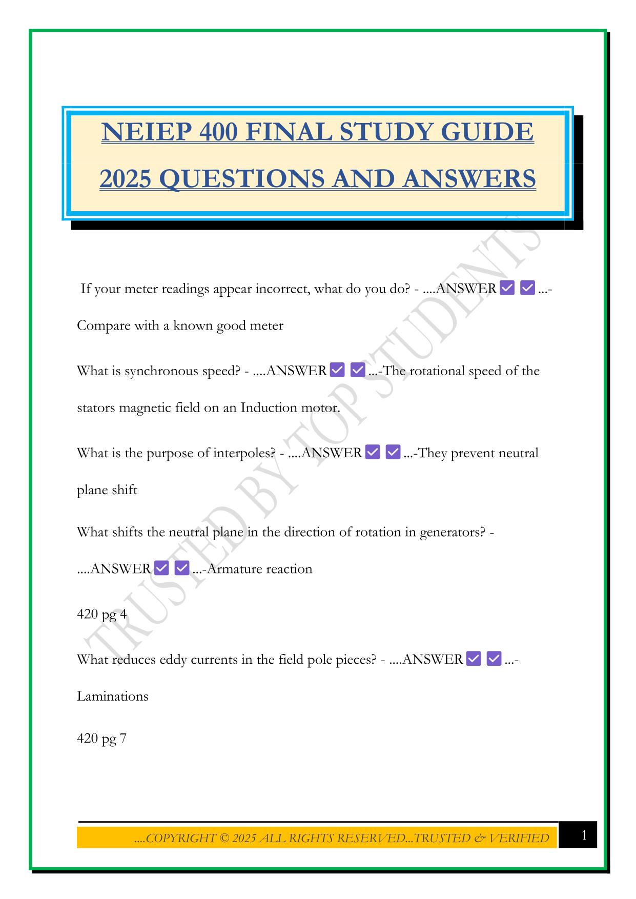 NEIEP 400 FINAL STUDY GUIDE 2025 QUESTIONS AND ANSWERS