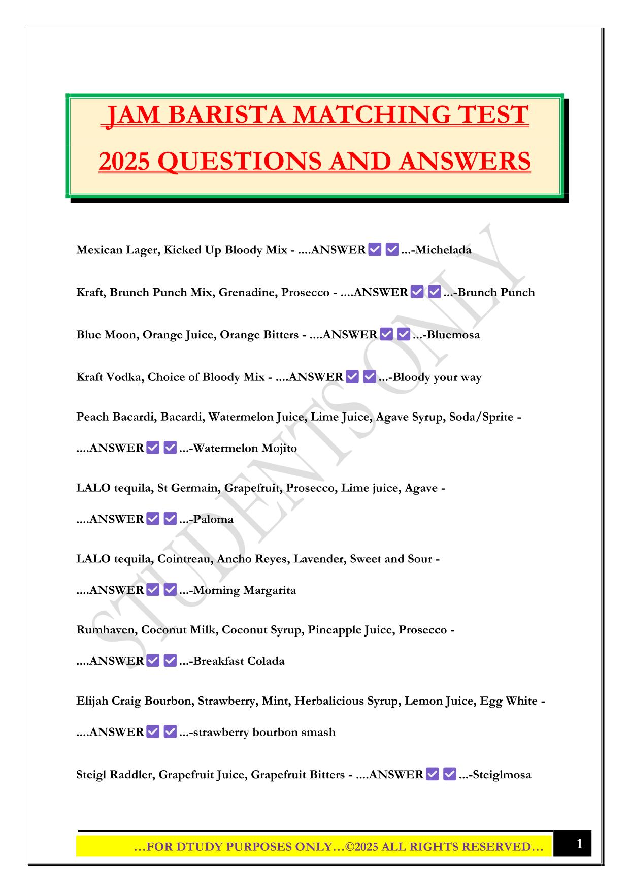 JAM BARISTA MATCHING TEST 2025 QUESTIONS AND ANSWERS