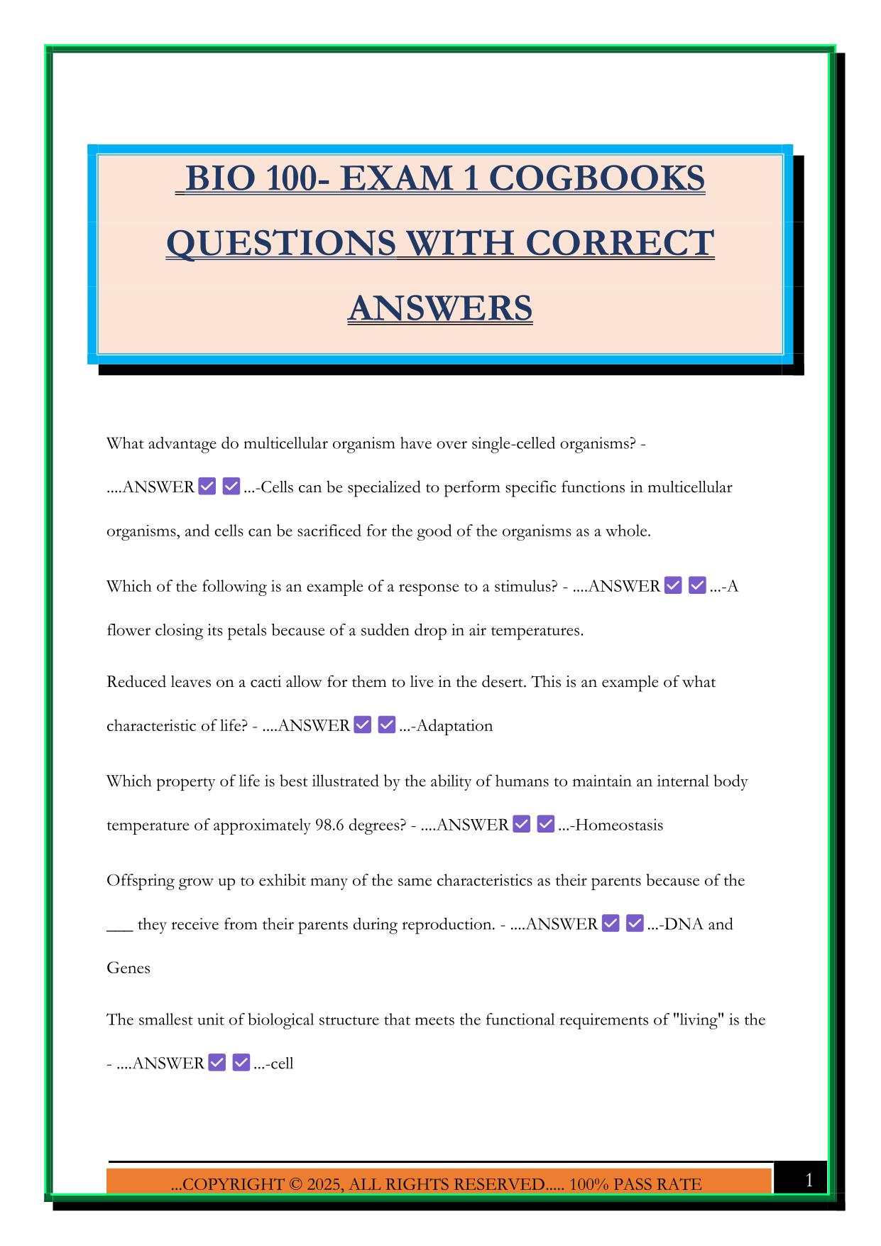 BIO 100- EXAM 1 COGBOOKS QUESTIONS WITH CORRECT ANSWERS
