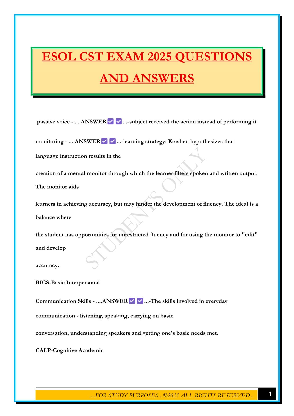 ESOL CST EXAM 2025 QUESTIONS AND ANSWERS