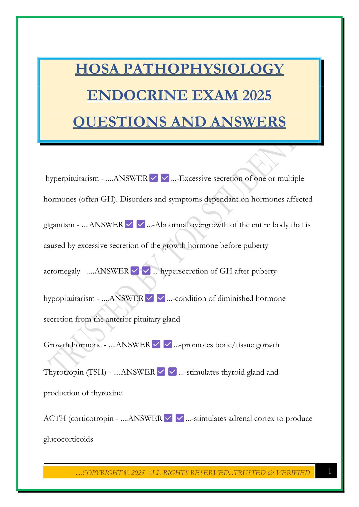 HOSA PATHOPHYSIOLOGY ENDOCRINE EXAM 2025 QUESTIONS AND ANSWERS