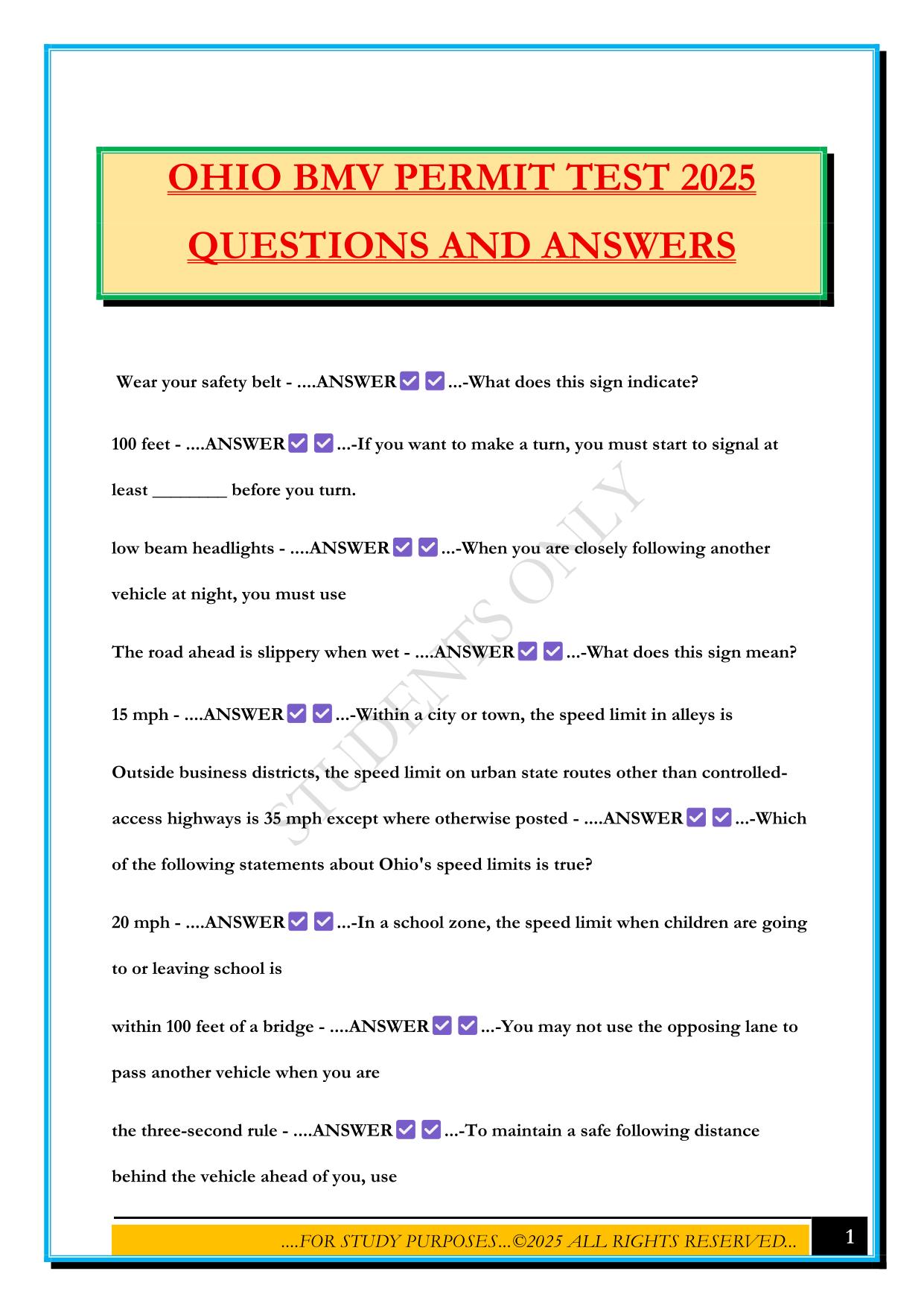 OHIO BMV PERMIT TEST 2025 QUESTIONS AND ANSWERS
