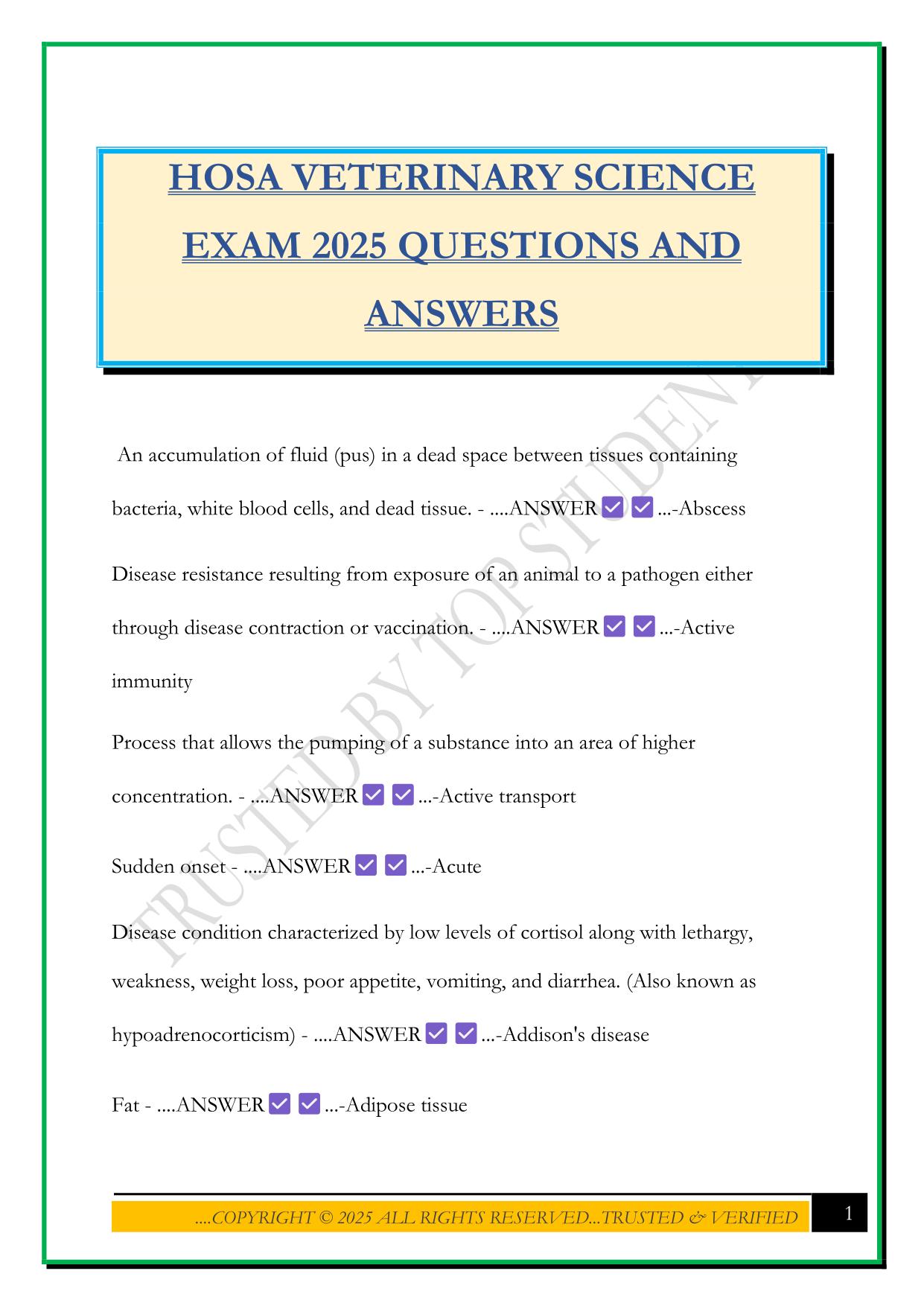 HOSA VETERINARY SCIENCE EXAM 2025 QUESTIONS AND ANSWERS