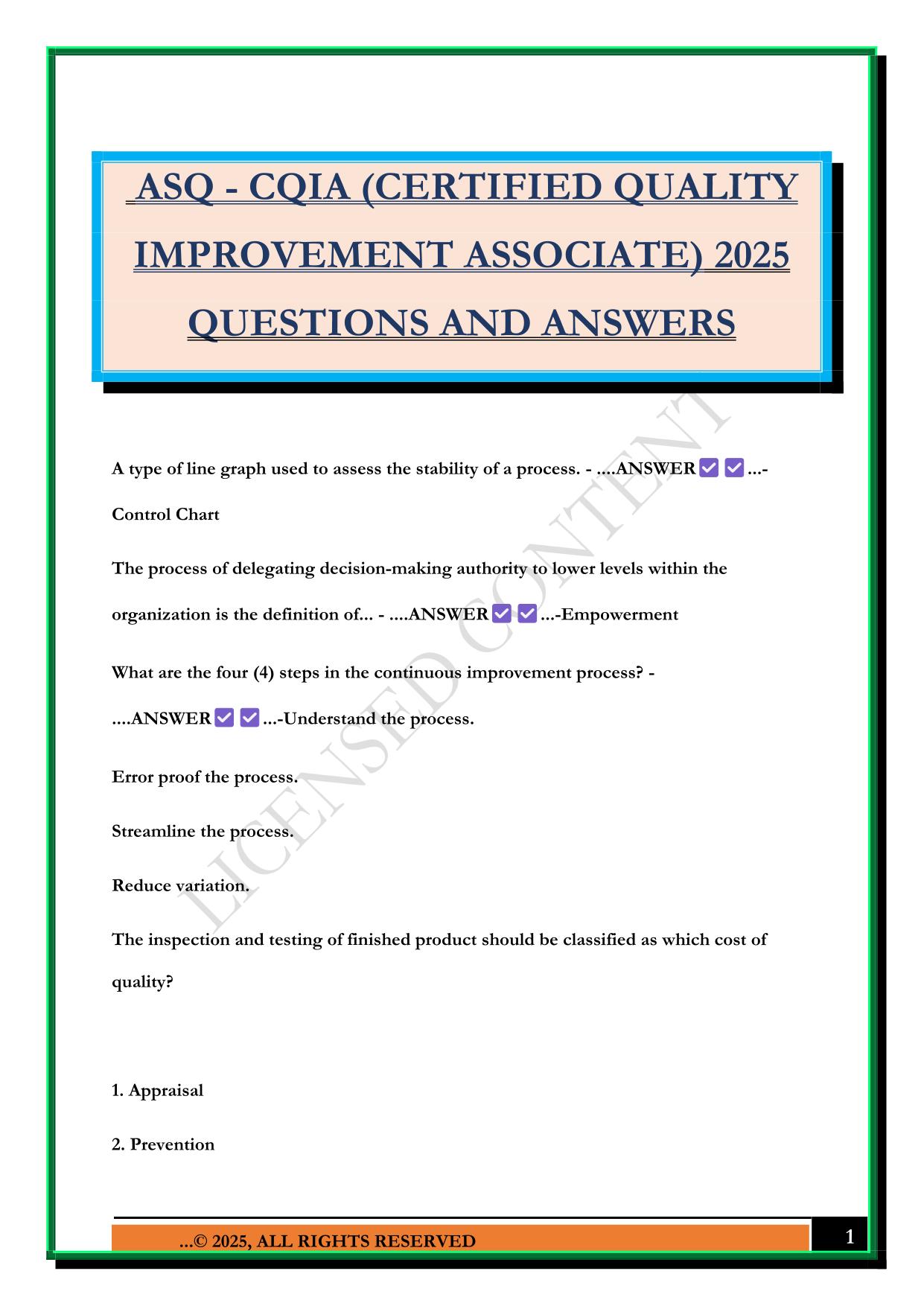 ASQ - CQIA (CERTIFIED QUALITY IMPROVEMENT ASSOCIATE) 2025 QUESTIONS AND ANSWERS