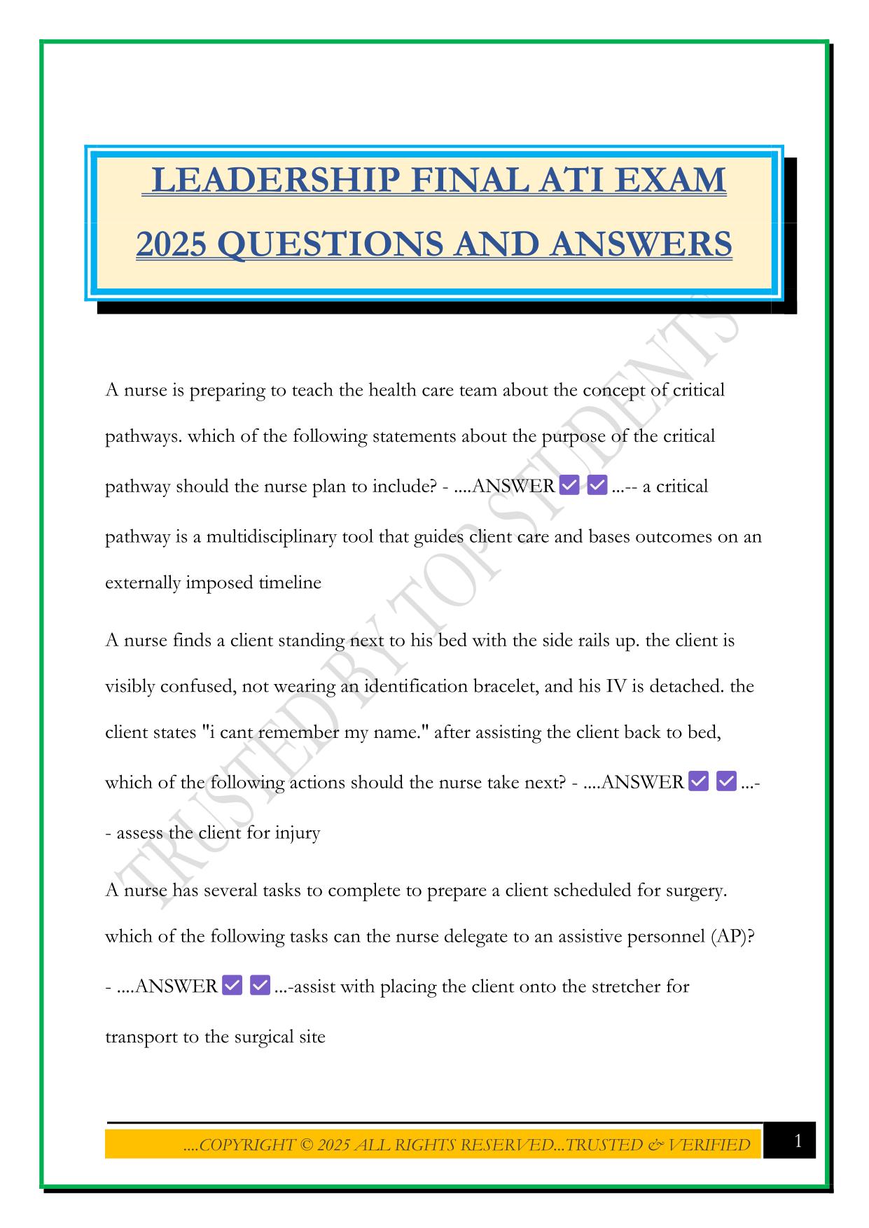 LEADERSHIP FINAL ATI EXAM 2025 QUESTIONS AND ANSWERS