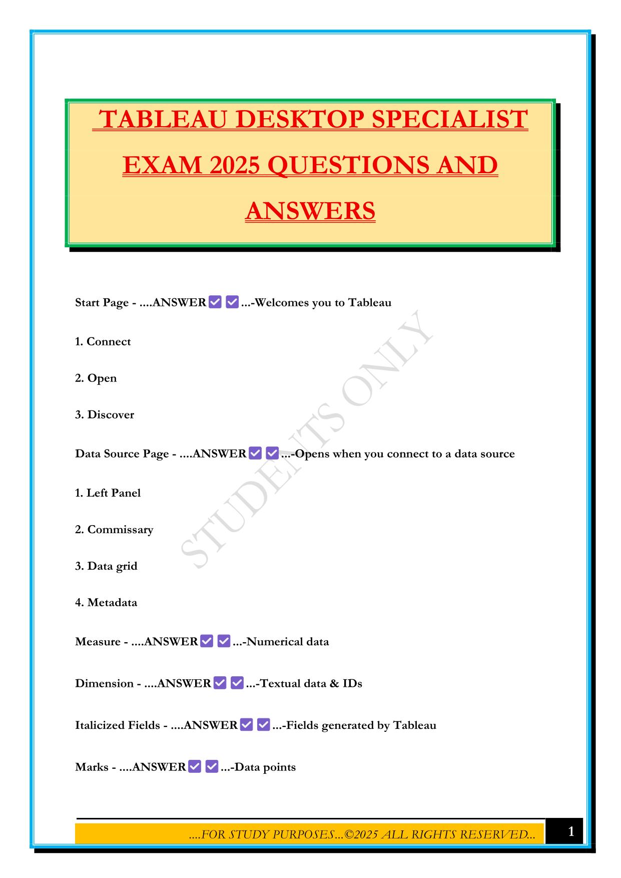TABLEAU DESKTOP SPECIALIST EXAM 2025 QUESTIONS AND ANSWERS