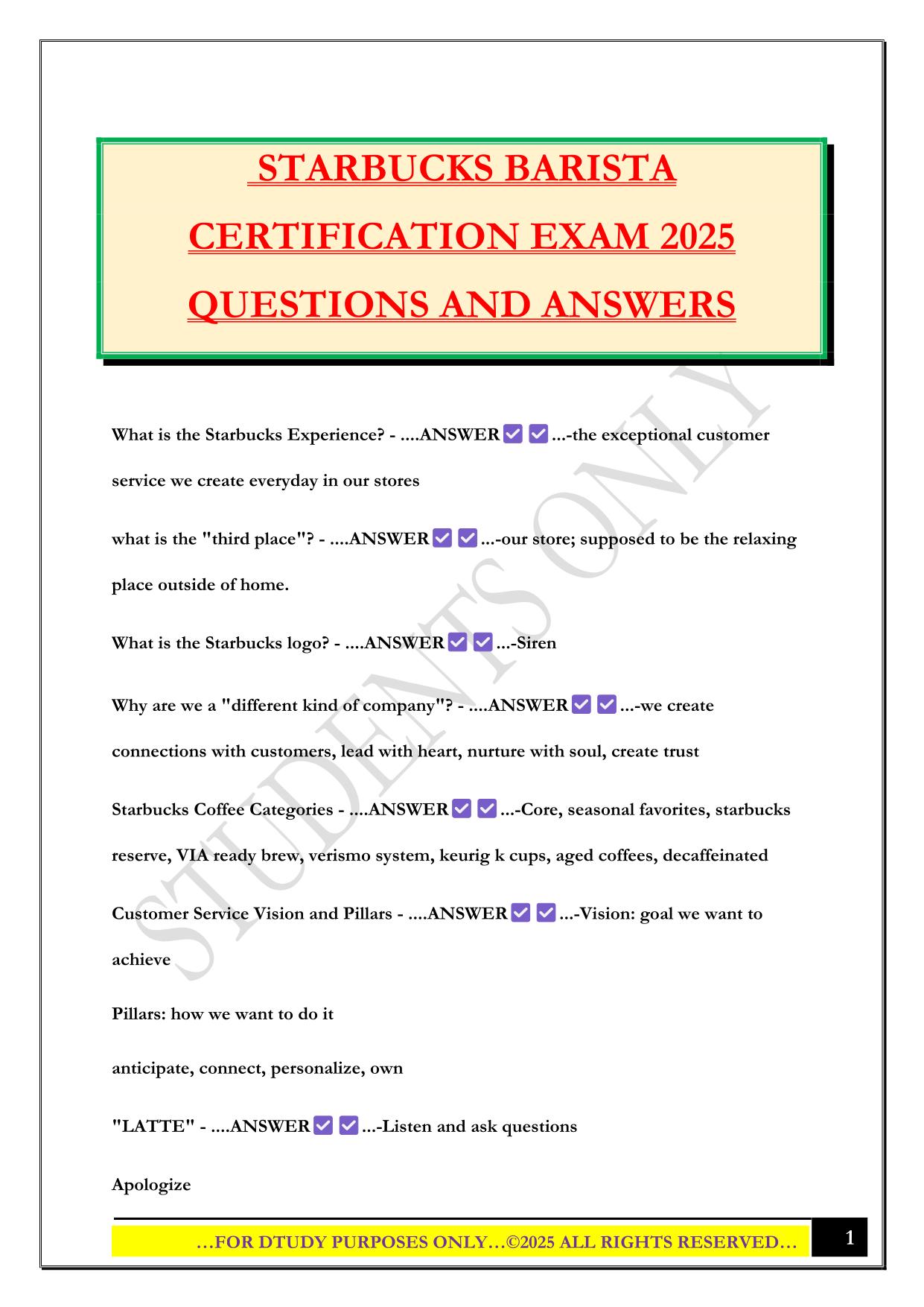 STARBUCKS BARISTA CERTIFICATION EXAM 2025 QUESTIONS AND ANSWERS