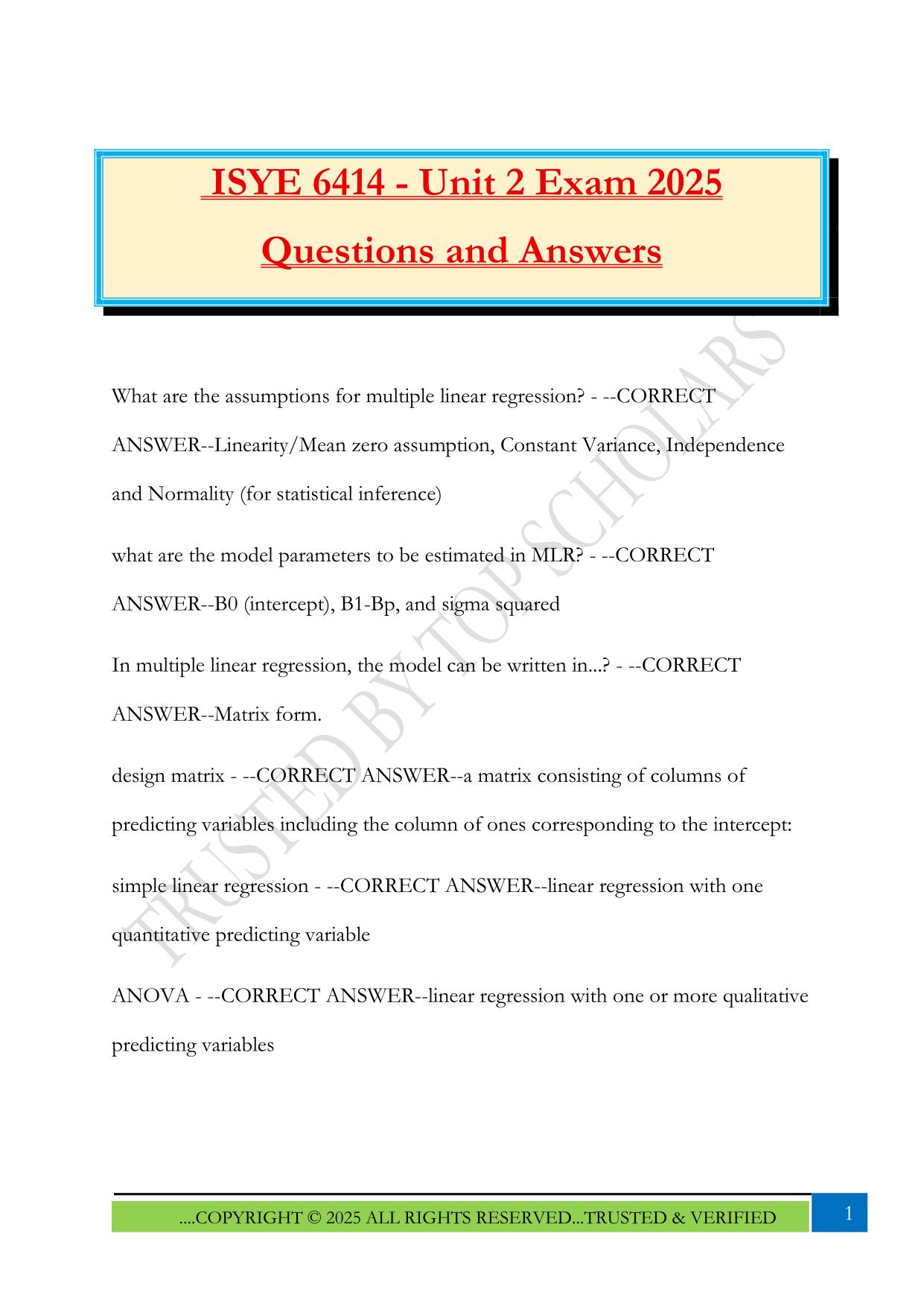 ISYE 6414 - Unit 2 Exam 2025 Questions and Answers