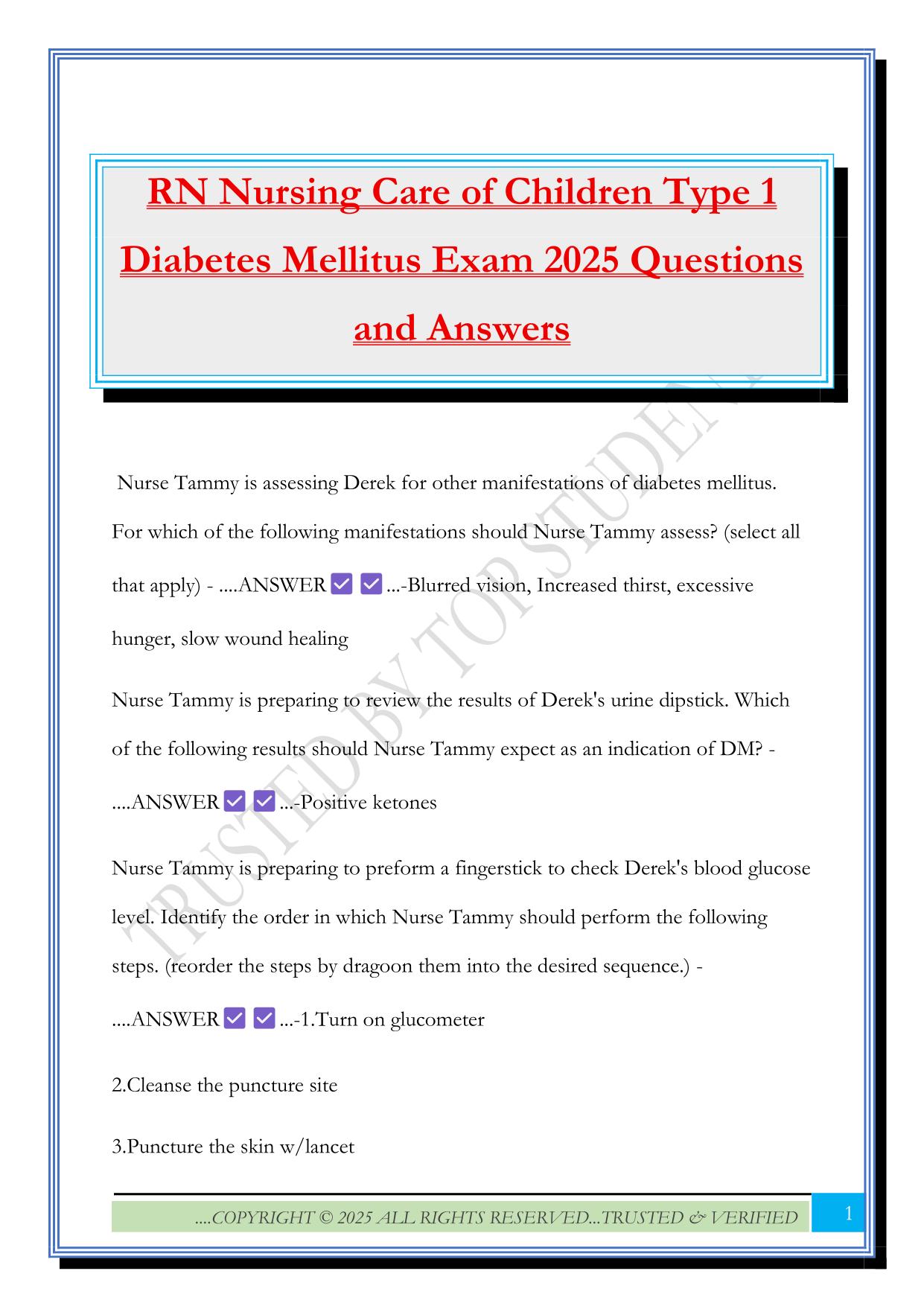 RN Nursing Care of Children Type 1 Diabetes Mellitus Exam 2025 Questions and Answers