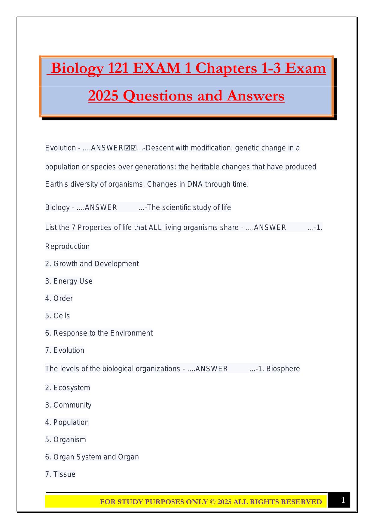 Biology 121 EXAM 1 Chapters 1-3 Exam 2025 Questions and Answers