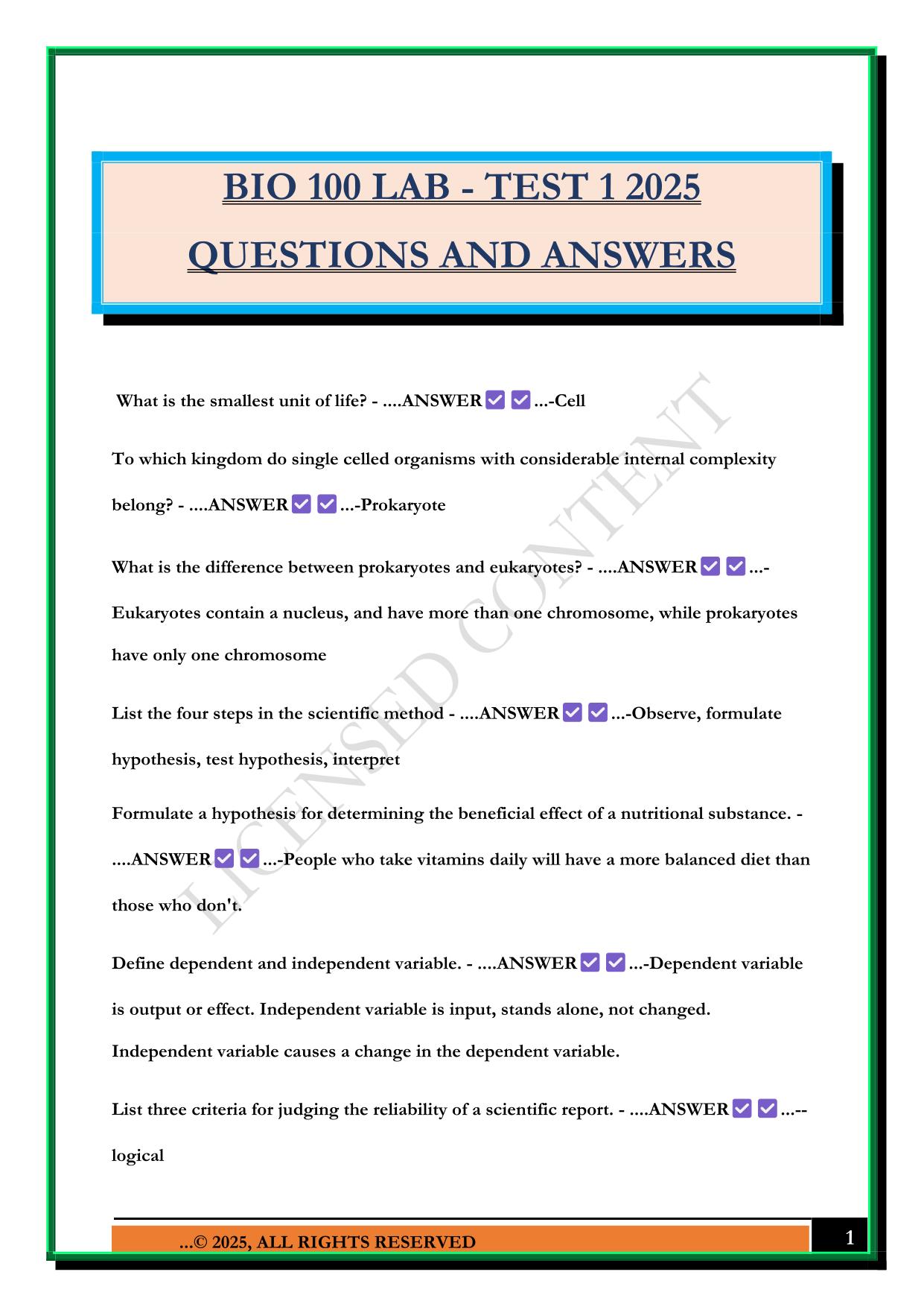 BIO 100 LAB - TEST 1 2025 QUESTIONS AND ANSWERS