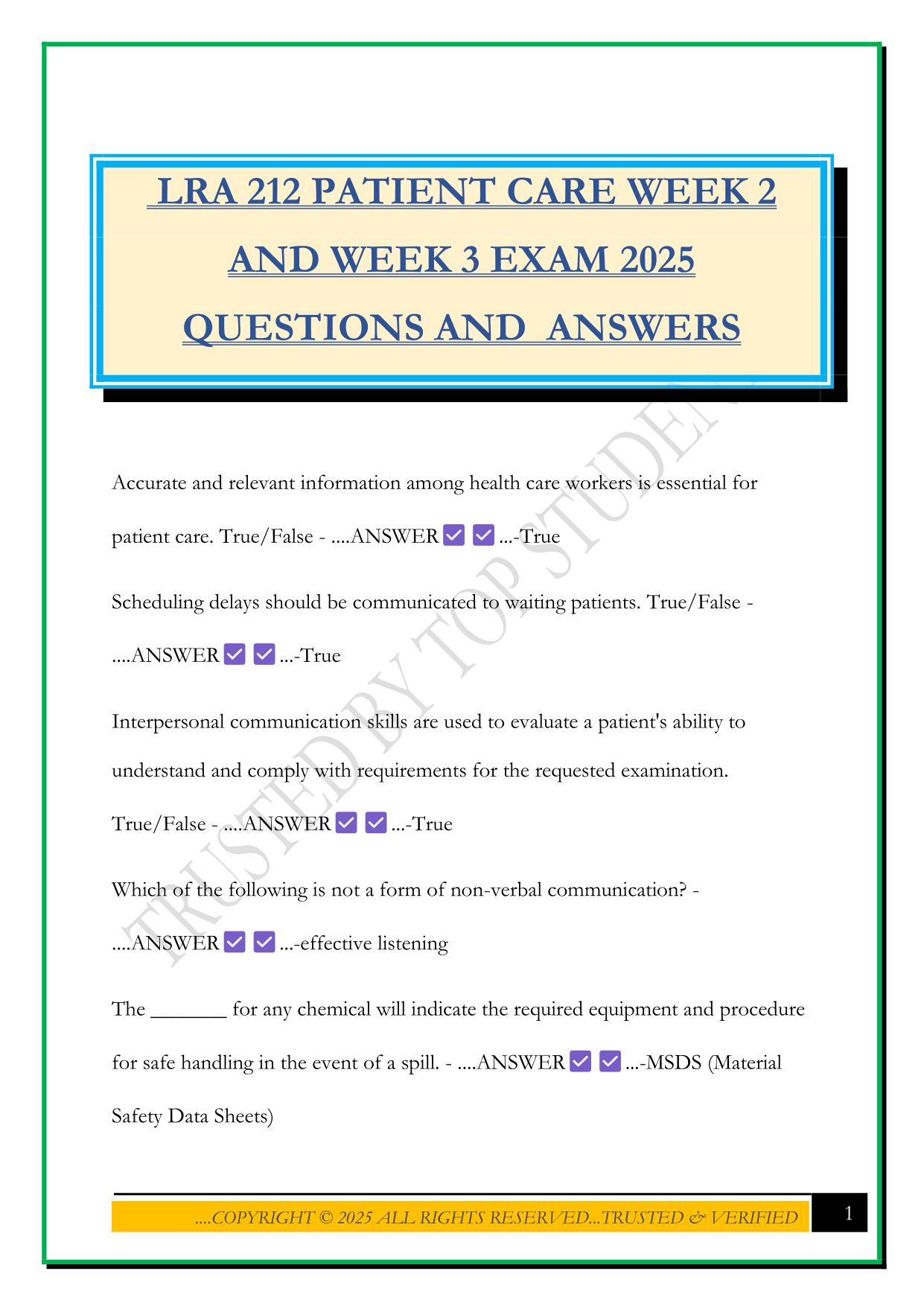 LRA 212 PATIENT CARE WEEK 2 AND WEEK 3 EXAM 2025 QUESTIONS AND ANSWERS