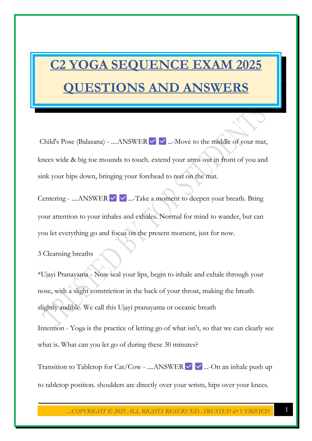 C2 YOGA SEQUENCE EXAM 2025 QUESTIONS AND ANSWERS