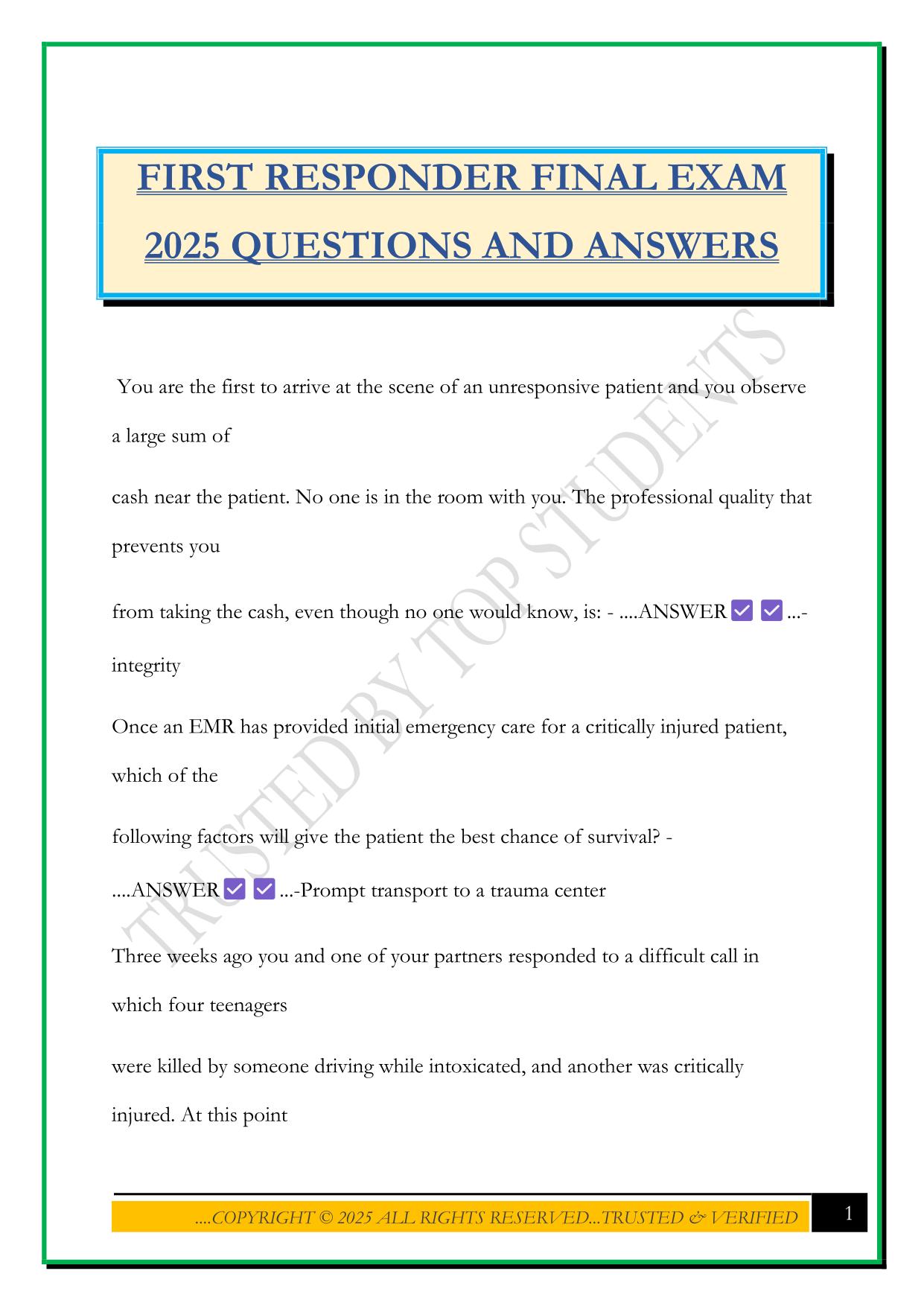 FIRST RESPONDER FINAL EXAM 2025 QUESTIONS AND ANSWERS