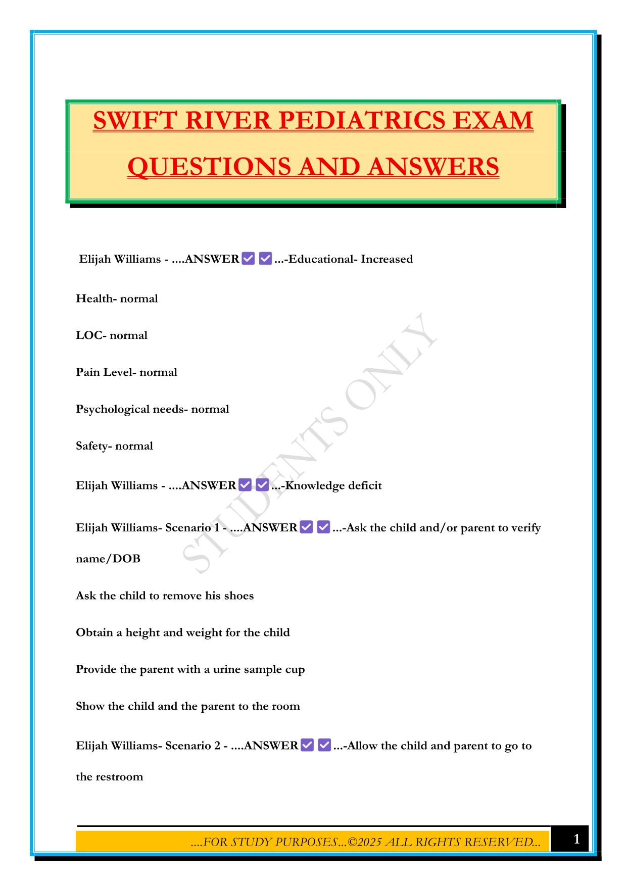 SWIFT RIVER PEDIATRICS EXAM QUESTIONS AND ANSWERS