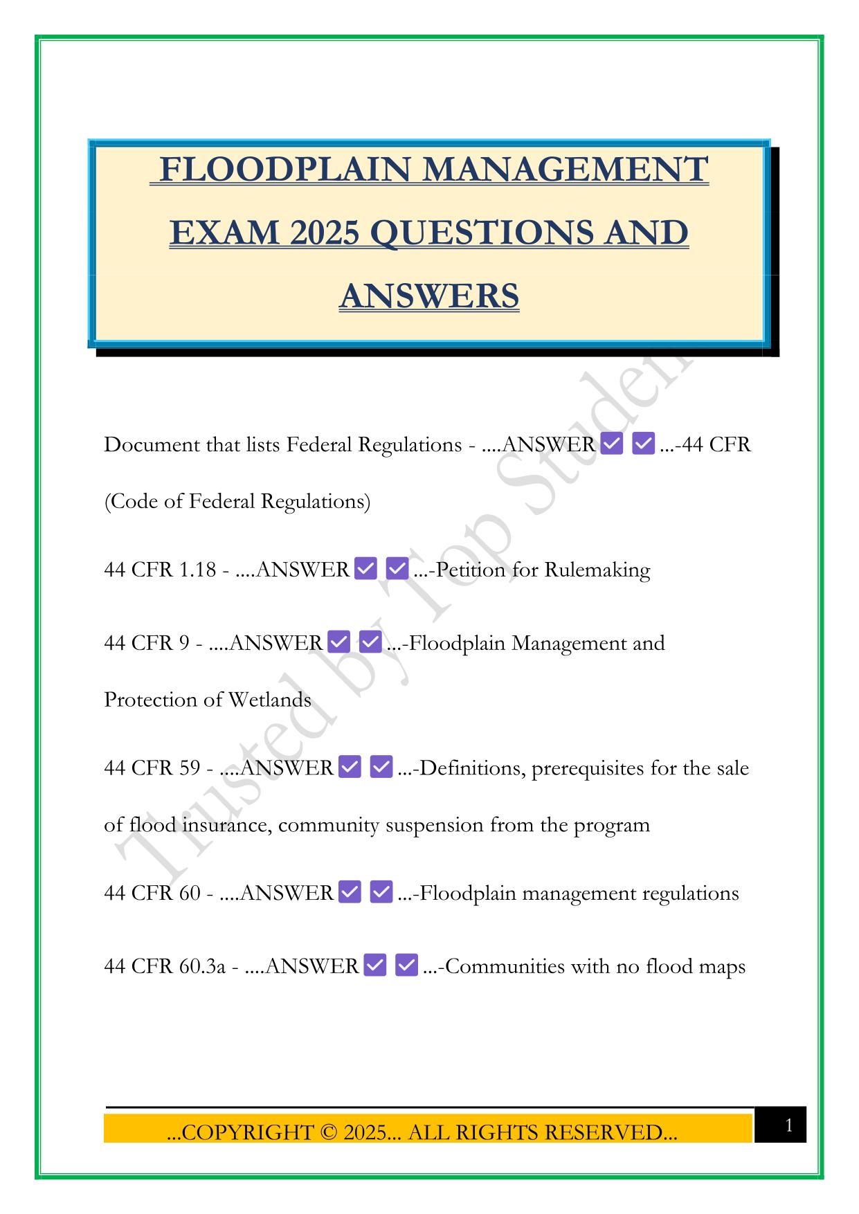 FLOODPLAIN MANAGEMENT EXAM 2025 QUESTIONS AND ANSWERS